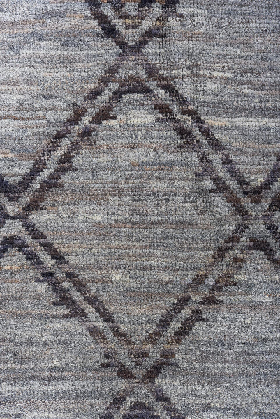 8' x 9' one-of-a-kind handmade vintage Tulu rug. Color palette: gray, charcoal, taupe, ivory, black, beige