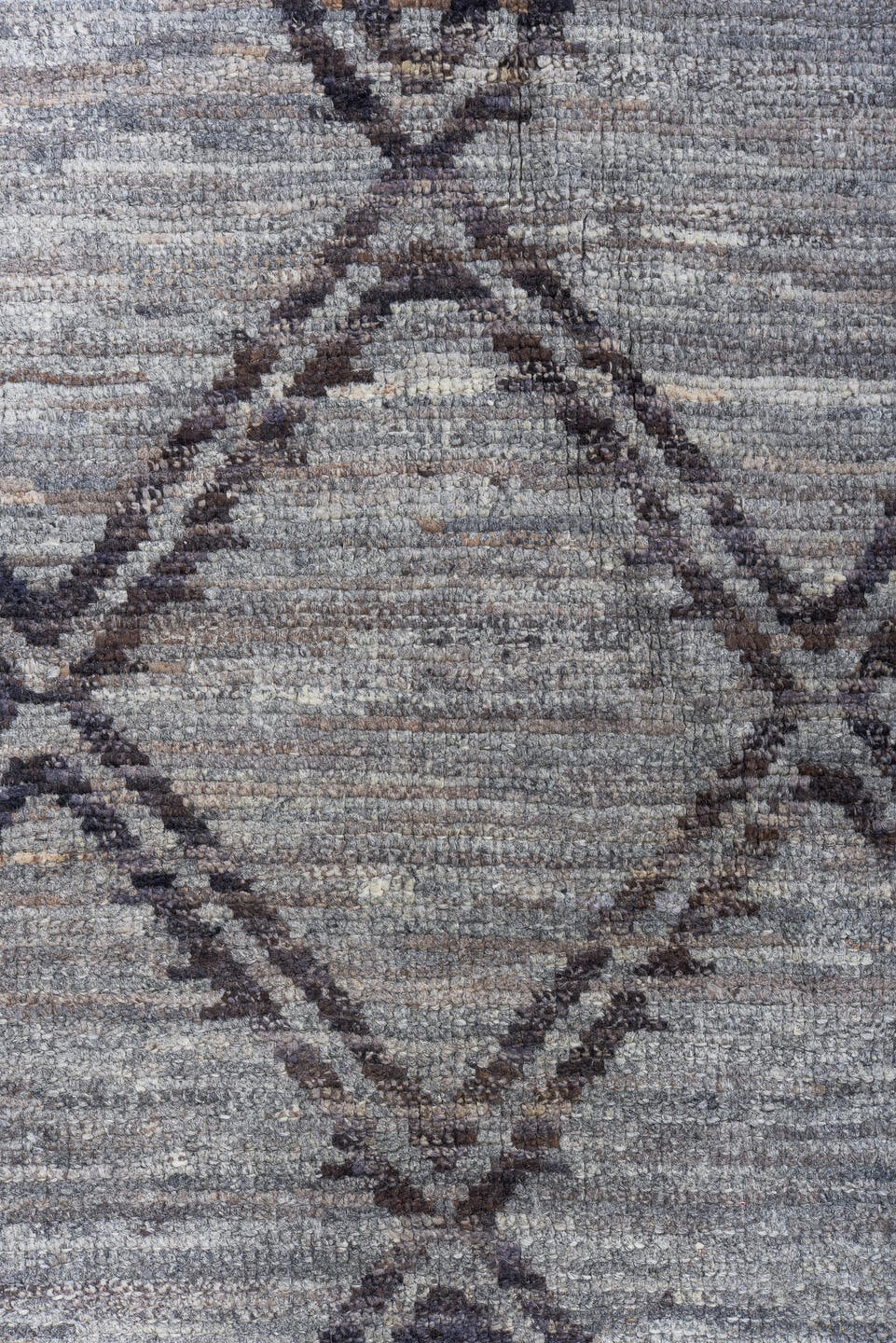 8' x 9' one-of-a-kind handmade vintage Tulu rug. Color palette: gray, charcoal, taupe, ivory, black, beige