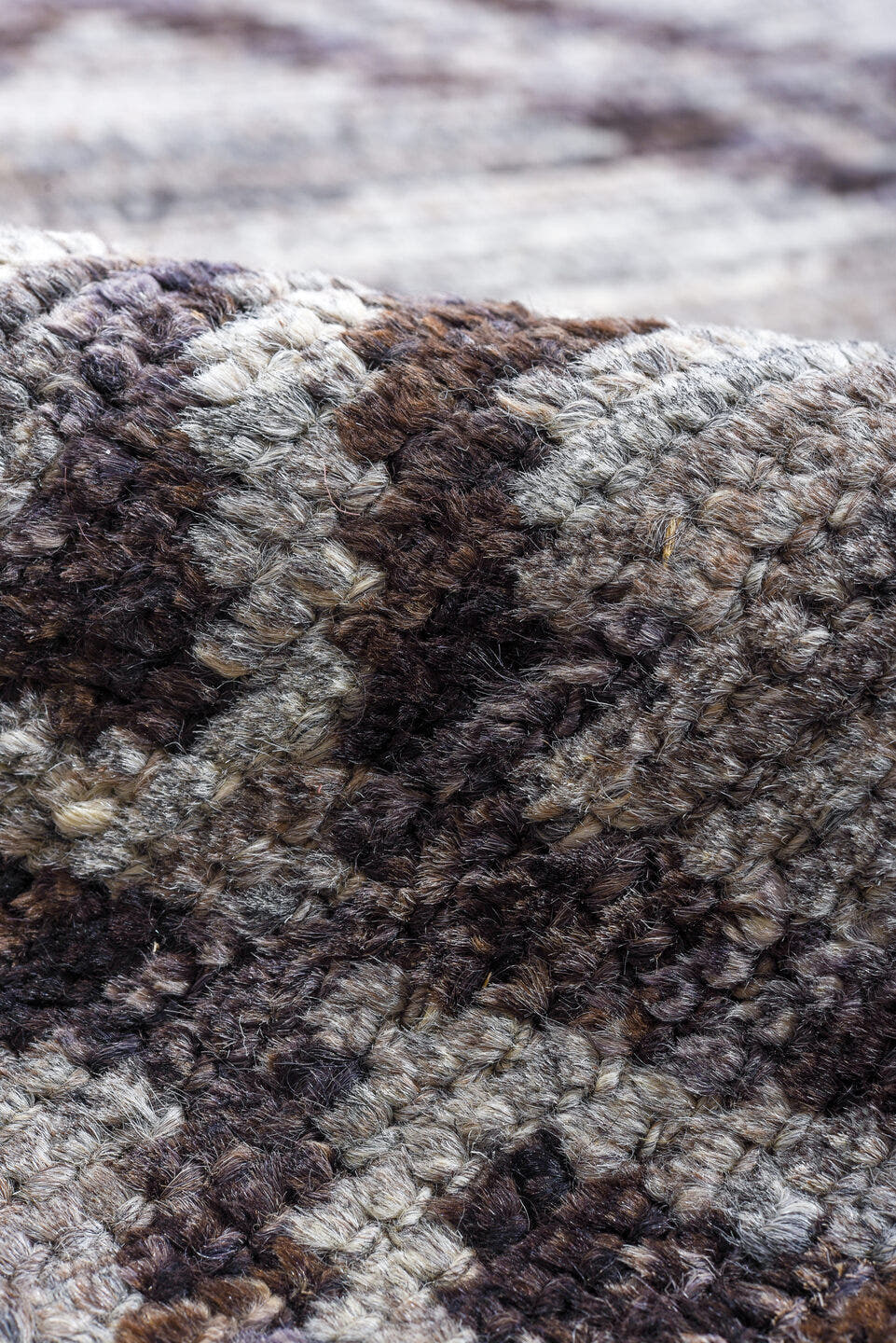 8' x 9' one-of-a-kind handmade vintage Tulu rug. Color palette: gray, charcoal, taupe, ivory, black, beige