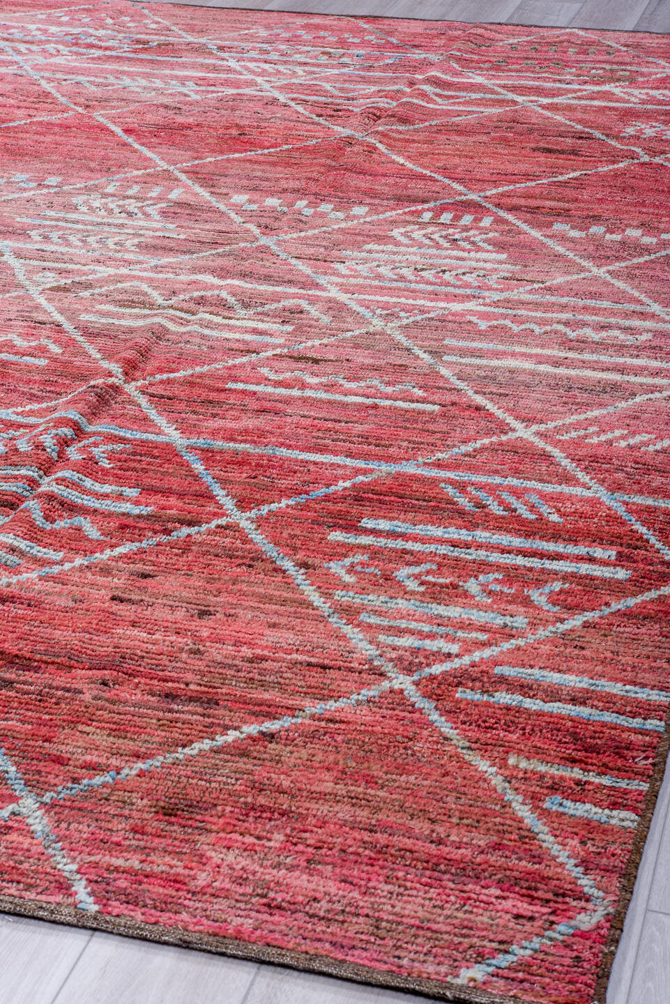9' x 11' one-of-a-kind handmade vintage Tulu large size rug. Color palette: rose, ivory, light blue, dusty pink, taupe