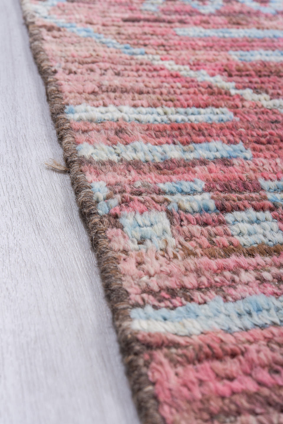 9' x 11' one-of-a-kind handmade vintage Tulu large size rug. Color palette: rose, ivory, light blue, dusty pink, taupe