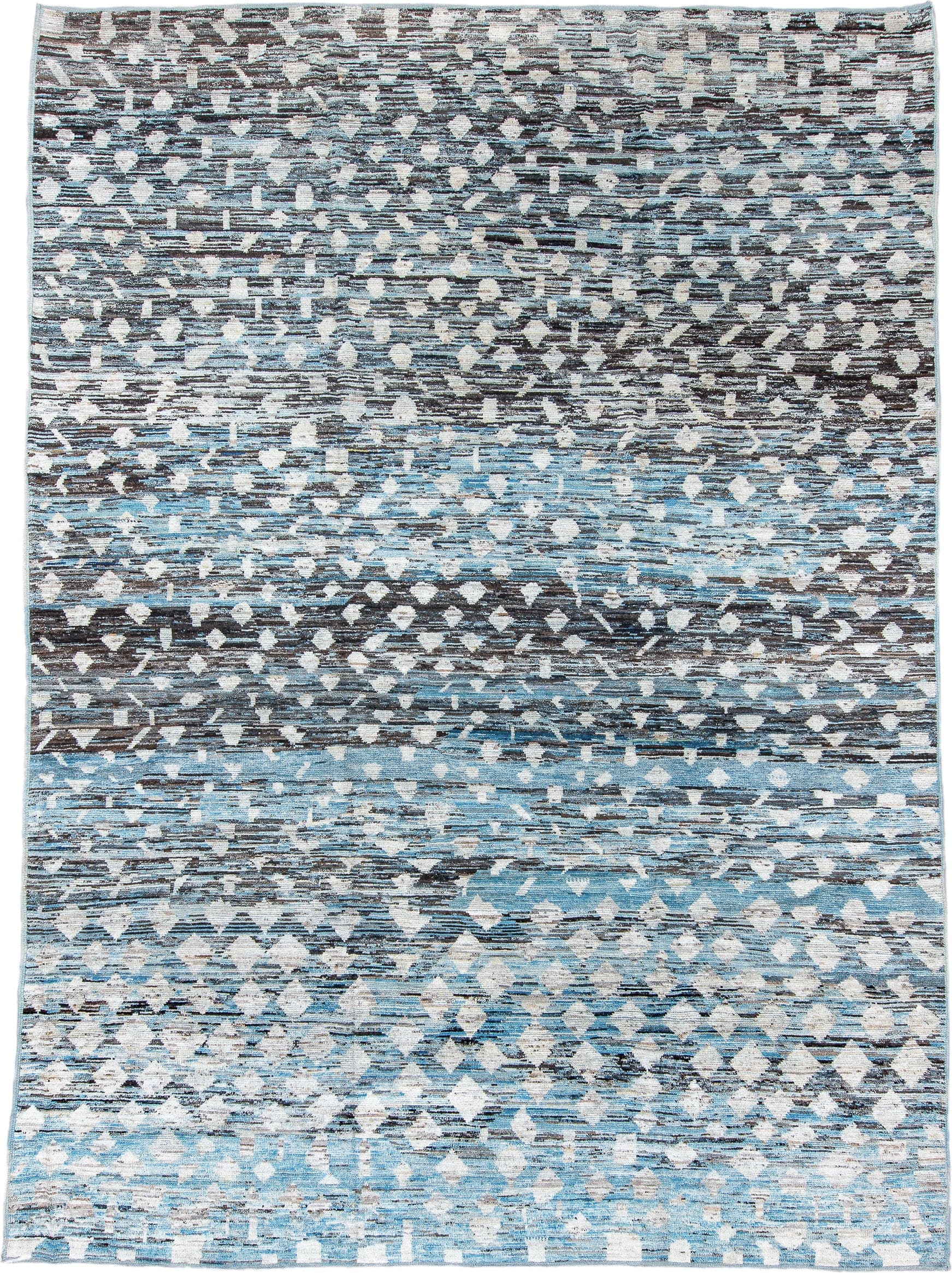 9' x 13' one-of-a-kind handmade vintage Tulu large size rug. Color palette: sky blue, ivory, charcoal, gray, slate