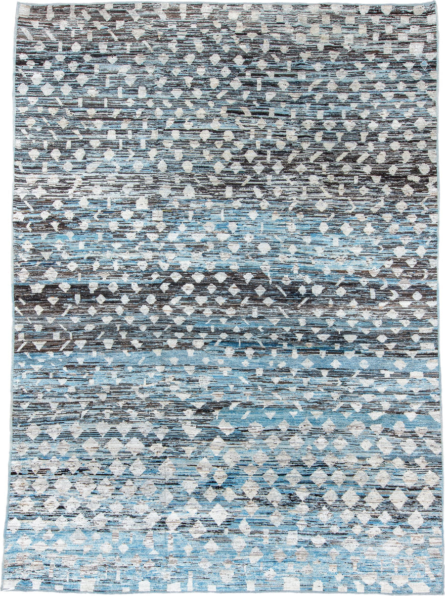 9' x 13' one-of-a-kind handmade vintage Tulu large size rug. Color palette: sky blue, ivory, charcoal, gray, slate