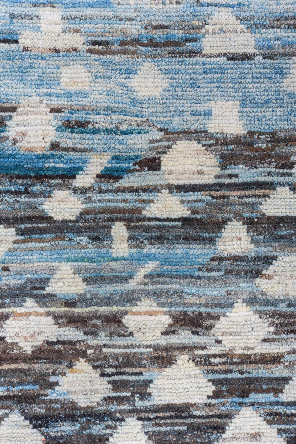 9' x 13' one-of-a-kind handmade vintage Tulu large size rug. Color palette: sky blue, ivory, charcoal, gray, slate