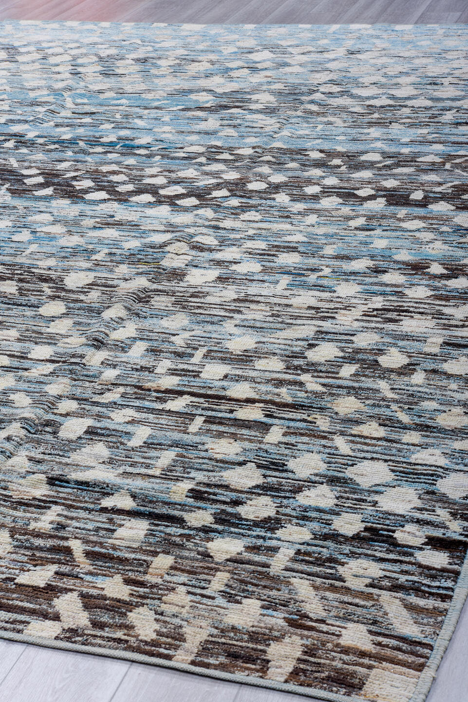 9' x 13' one-of-a-kind handmade vintage Tulu large size rug. Color palette: sky blue, ivory, charcoal, gray, slate
