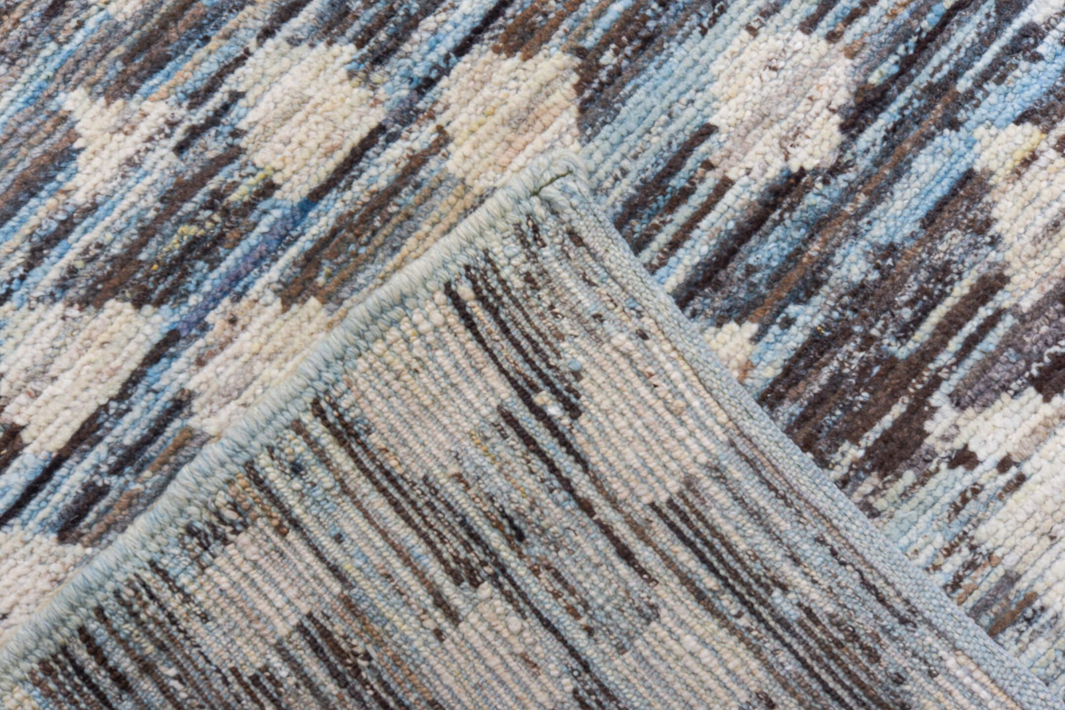 9' x 13' one-of-a-kind handmade vintage Tulu large size rug. Color palette: sky blue, ivory, charcoal, gray, slate