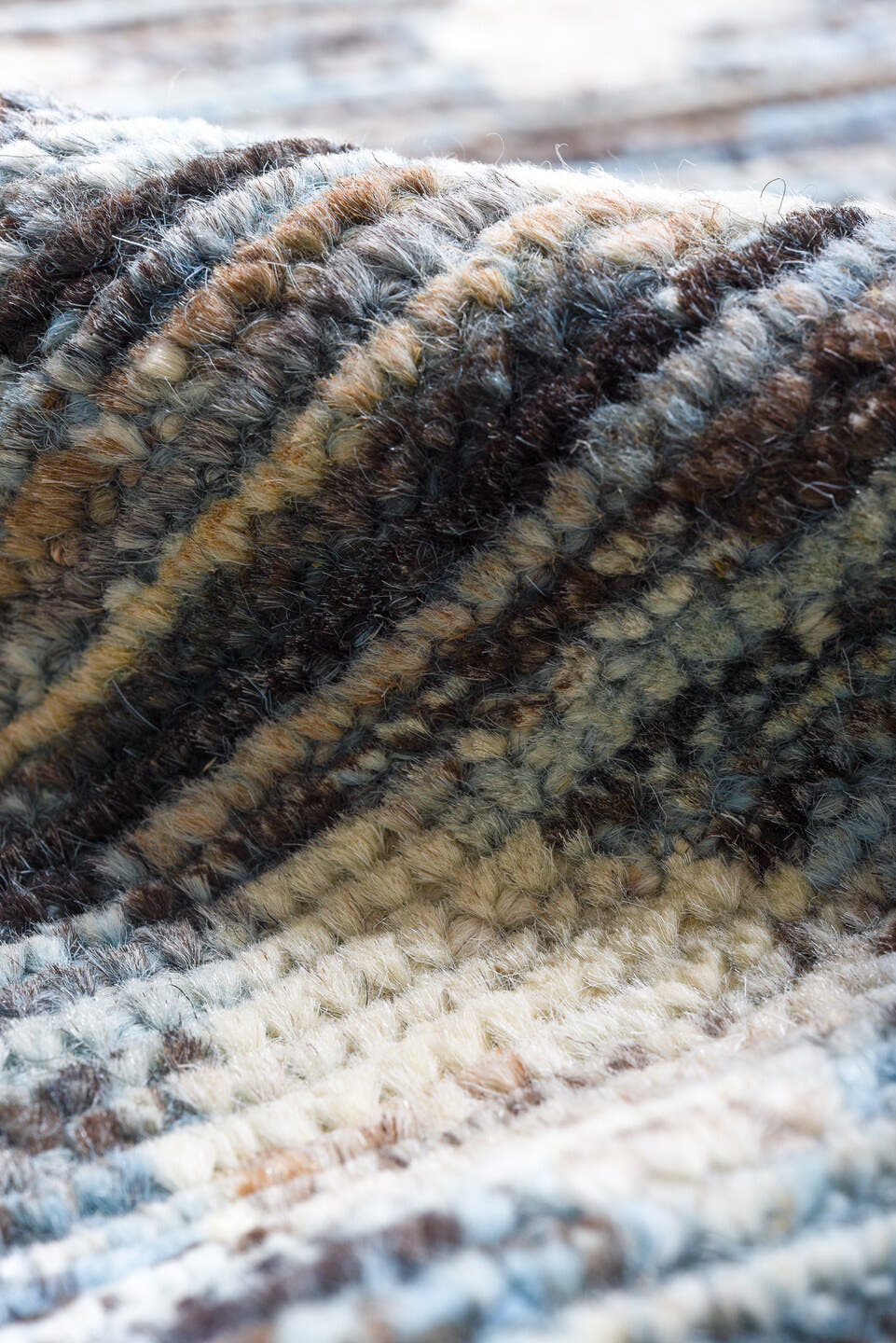9' x 13' one-of-a-kind handmade vintage Tulu large size rug. Color palette: sky blue, ivory, charcoal, gray, slate