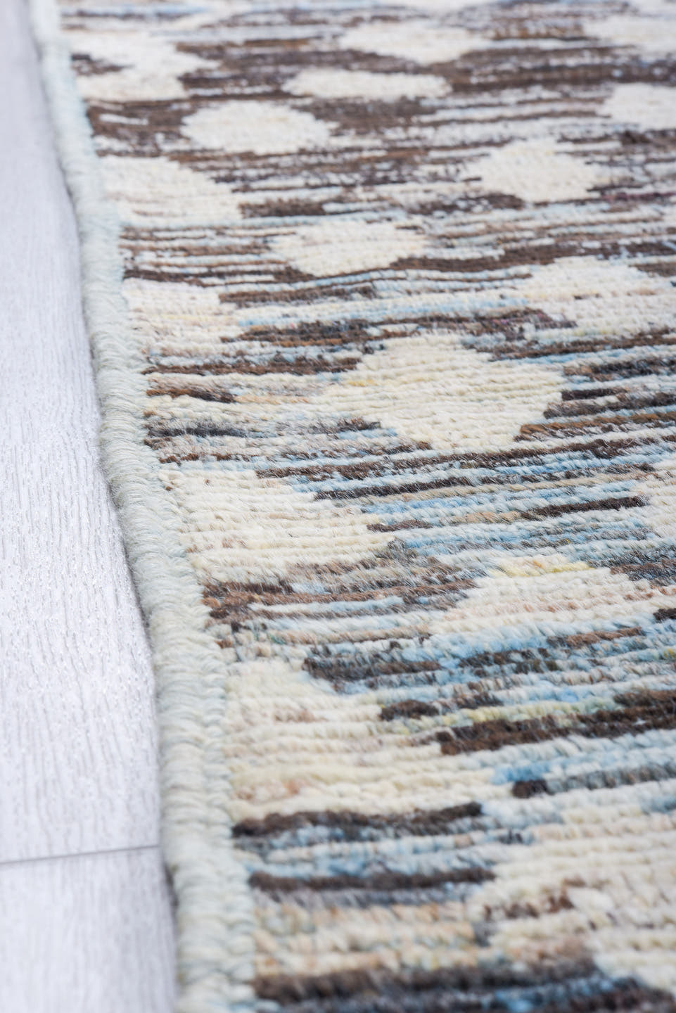 9' x 13' one-of-a-kind handmade vintage Tulu large size rug. Color palette: sky blue, ivory, charcoal, gray, slate