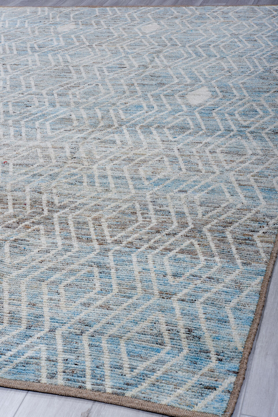 9' x 12' one-of-a-kind handmade vintage Tulu large size rug. Color palette: light blue, ivory, gray, taupe, beige