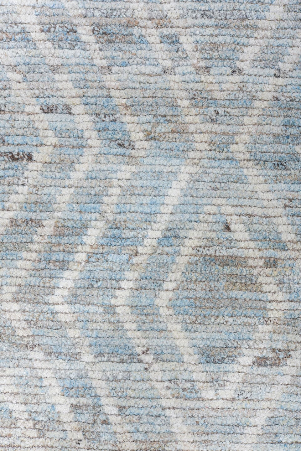 9' x 12' one-of-a-kind handmade vintage Tulu large size rug. Color palette: light blue, ivory, gray, taupe, beige