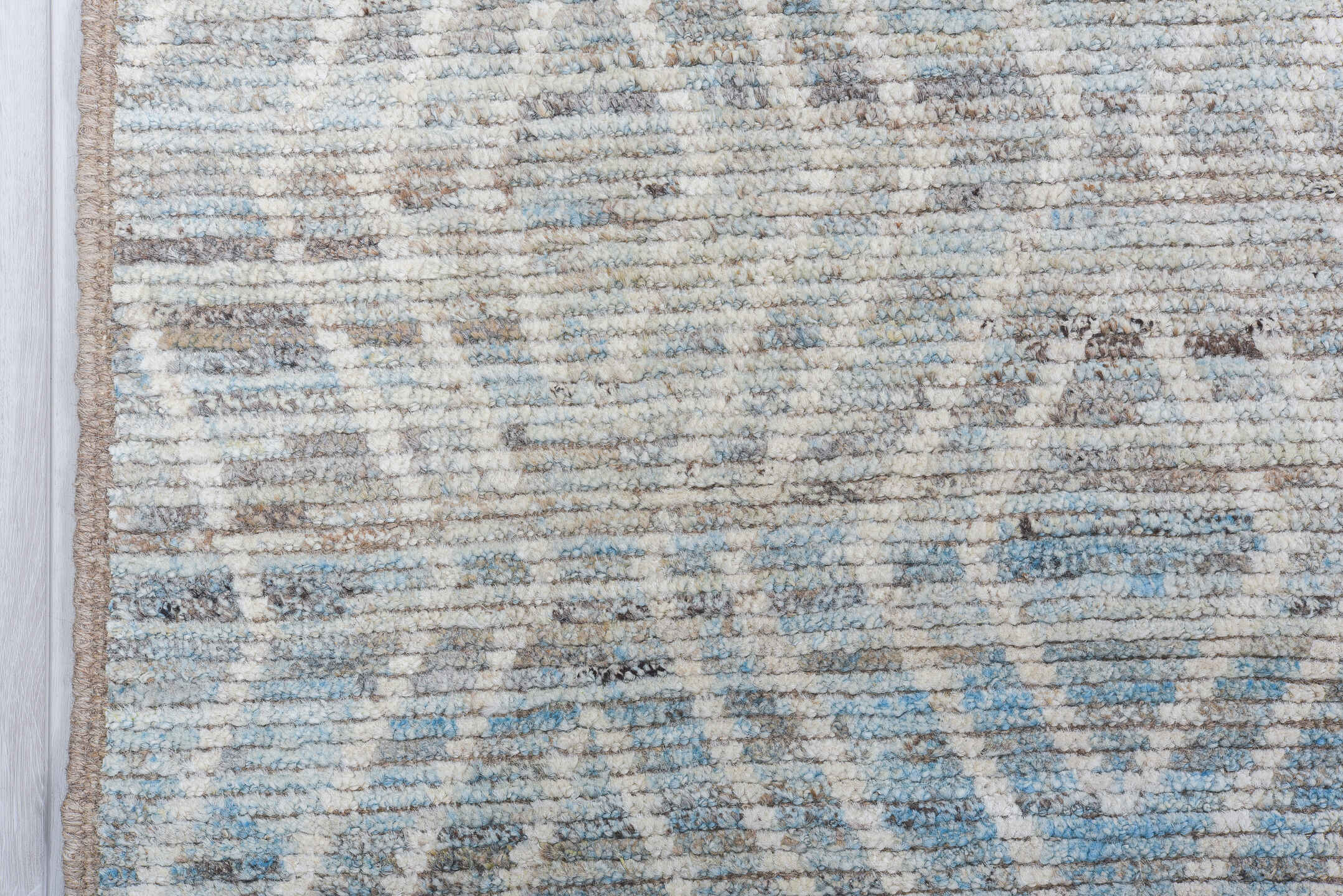 9' x 12' one-of-a-kind handmade vintage Tulu large size rug. Color palette: light blue, ivory, gray, taupe, beige