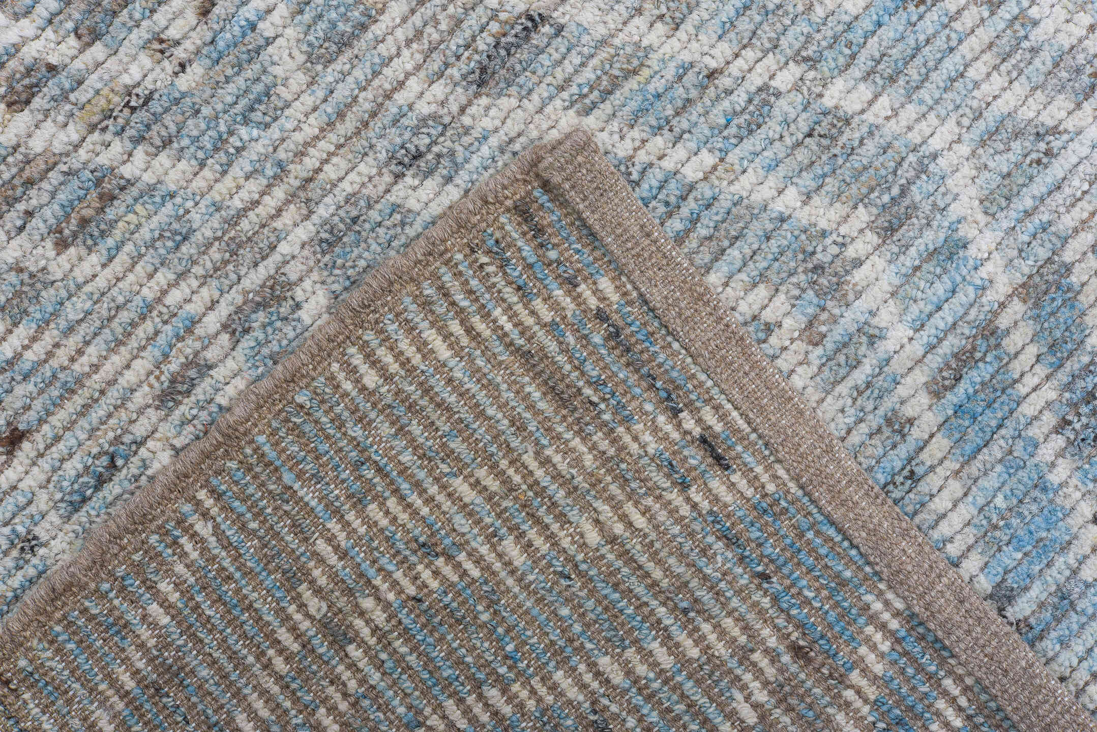 9' x 12' one-of-a-kind handmade vintage Tulu large size rug. Color palette: light blue, ivory, gray, taupe, beige