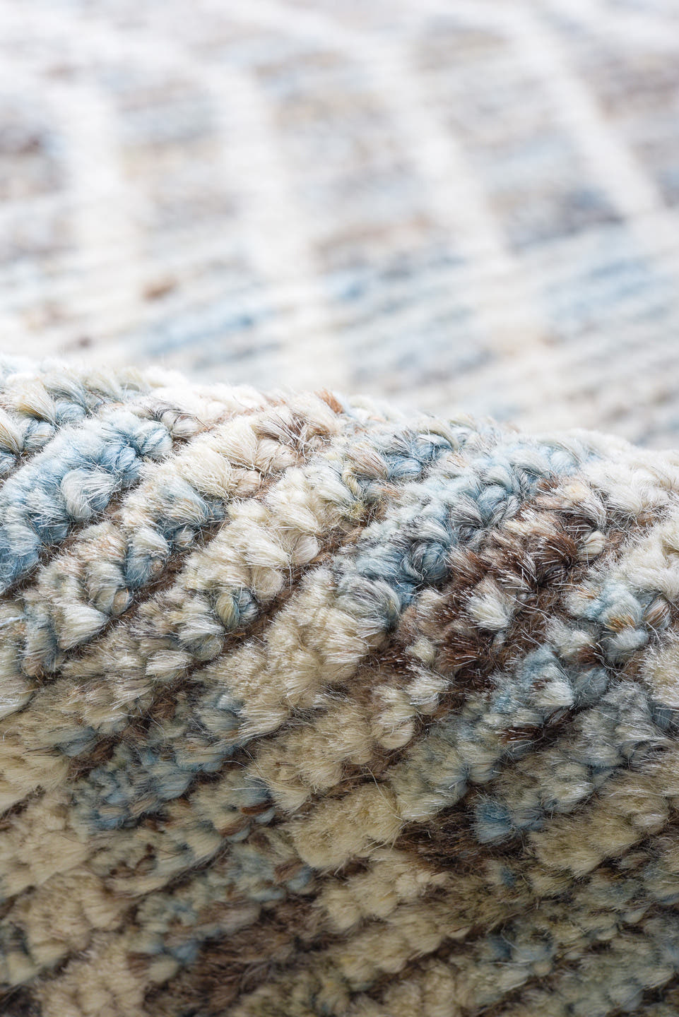 9' x 12' one-of-a-kind handmade vintage Tulu large size rug. Color palette: light blue, ivory, gray, taupe, beige