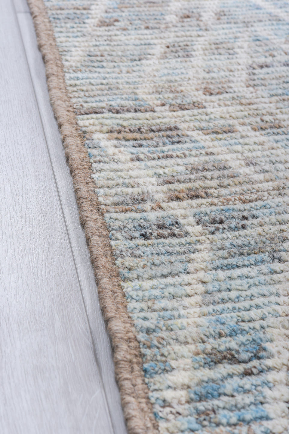 9' x 12' one-of-a-kind handmade vintage Tulu large size rug. Color palette: light blue, ivory, gray, taupe, beige