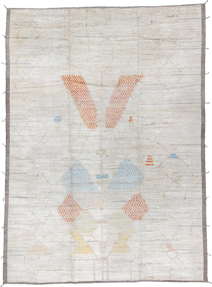 10' x 14' one-of-a-kind handmade vintage Tulu large size rug. Color palette: ivory, taupe, apricot, pale blue, butter yellow