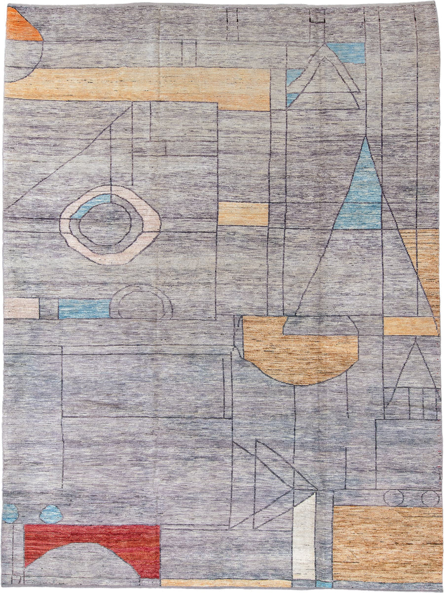 9' x 12' one-of-a-kind handmade vintage Tulu large size rug. Color palette: lavender gray, saffron, sky blue, ivory, crimson
