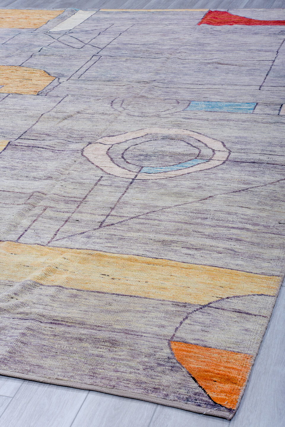 9' x 12' one-of-a-kind handmade vintage Tulu large size rug. Color palette: lavender gray, saffron, sky blue, ivory, crimson