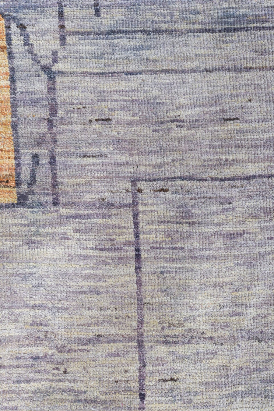 9' x 12' one-of-a-kind handmade vintage Tulu large size rug. Color palette: lavender gray, saffron, sky blue, ivory, crimson