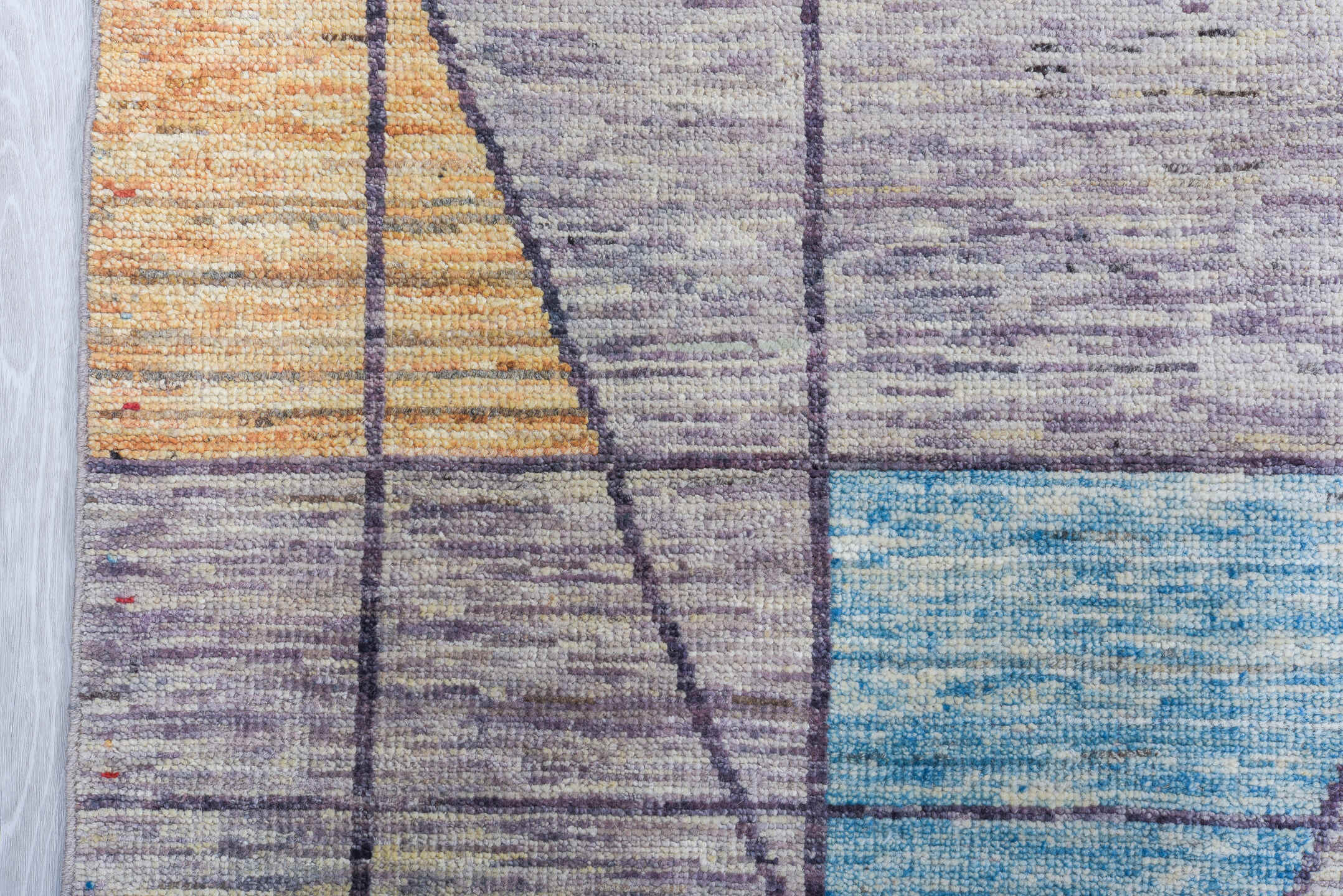 9' x 12' one-of-a-kind handmade vintage Tulu large size rug. Color palette: lavender gray, saffron, sky blue, ivory, crimson
