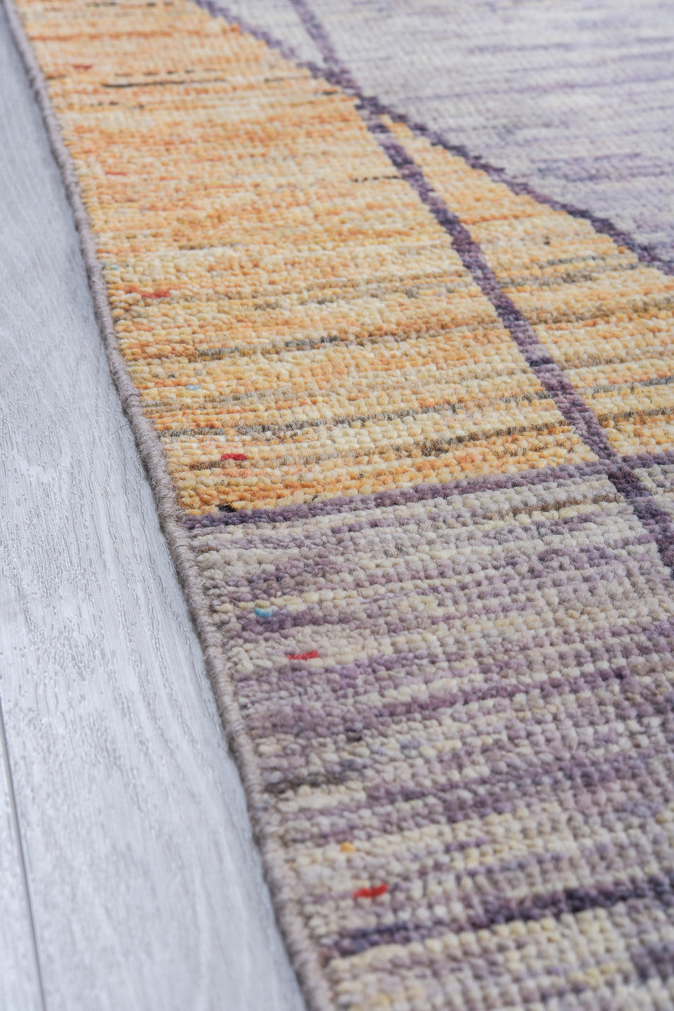 9' x 12' one-of-a-kind handmade vintage Tulu large size rug. Color palette: lavender gray, saffron, sky blue, ivory, crimson