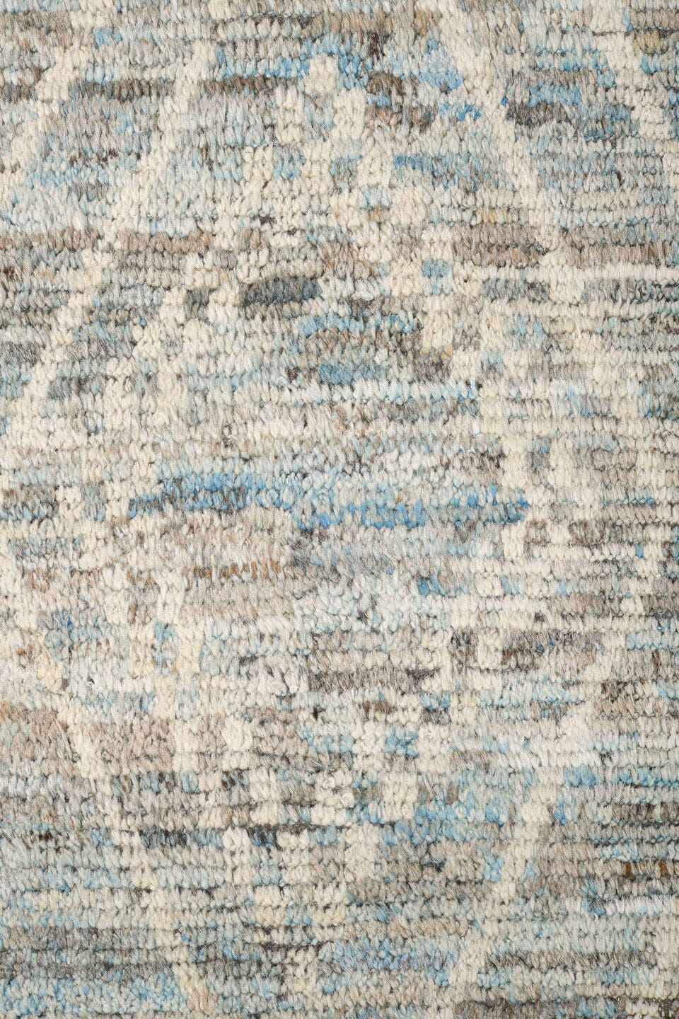 9' x 14' one-of-a-kind handmade vintage Tulu large size rug. Color palette: ivory, ice blue, taupe, silver gray, pale blue