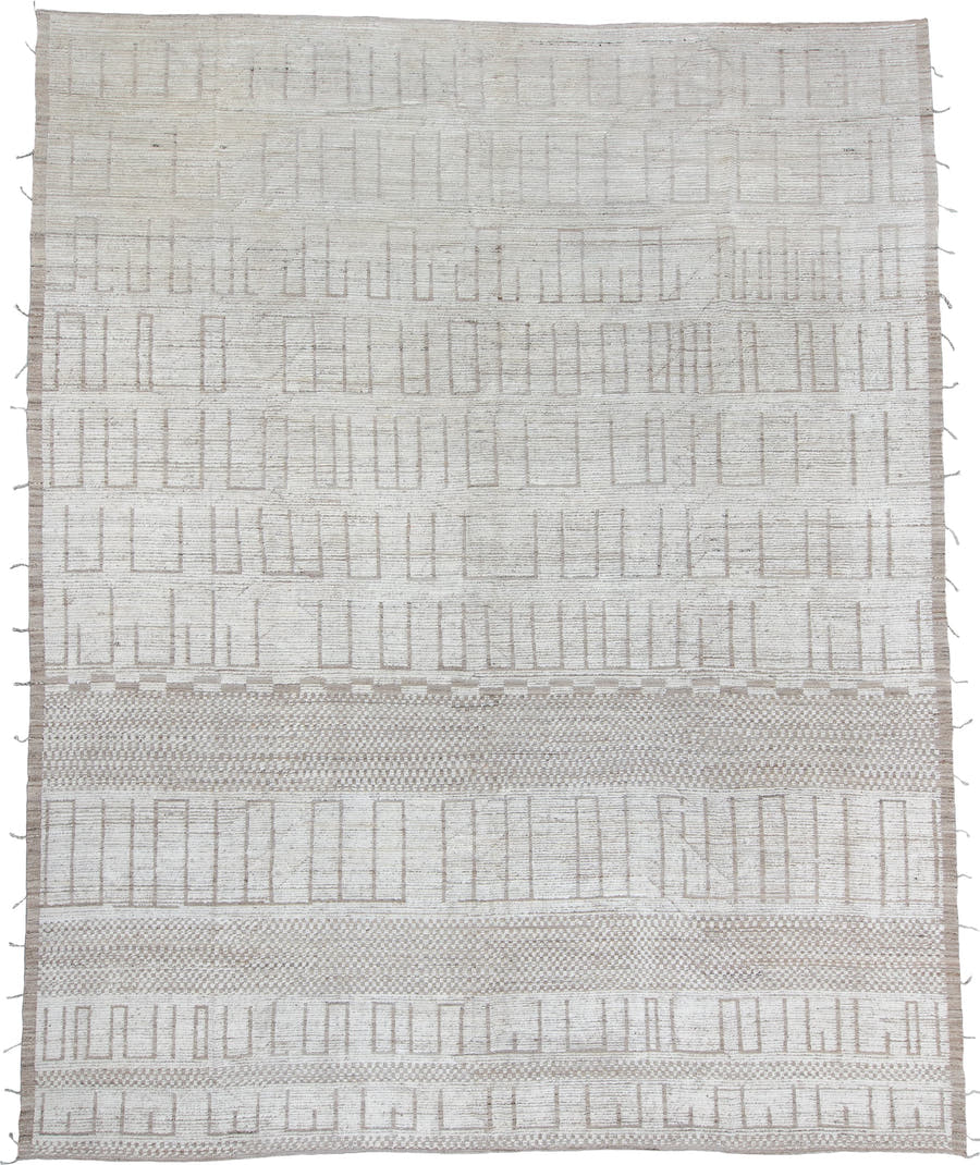 12' x 14' one-of-a-kind handmade vintage Tulu oversize rug. Color palette: ivory, taupe, cream, beige, light brown, gray