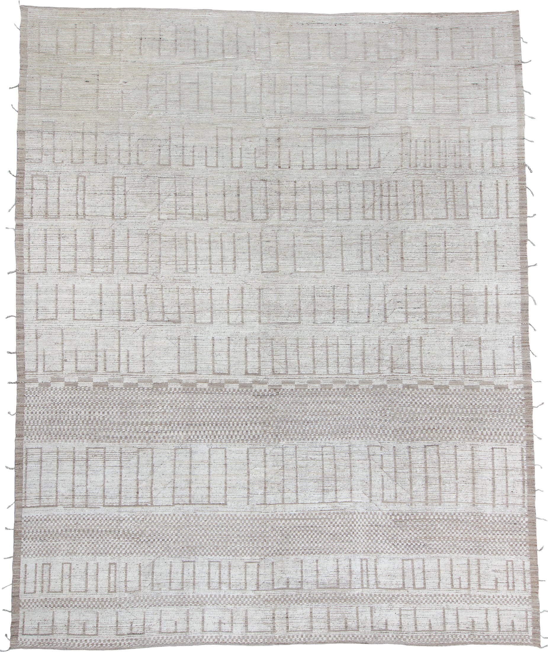 12' x 14' one-of-a-kind handmade vintage Tulu oversize rug. Color palette: ivory, taupe, cream, beige, light brown, gray