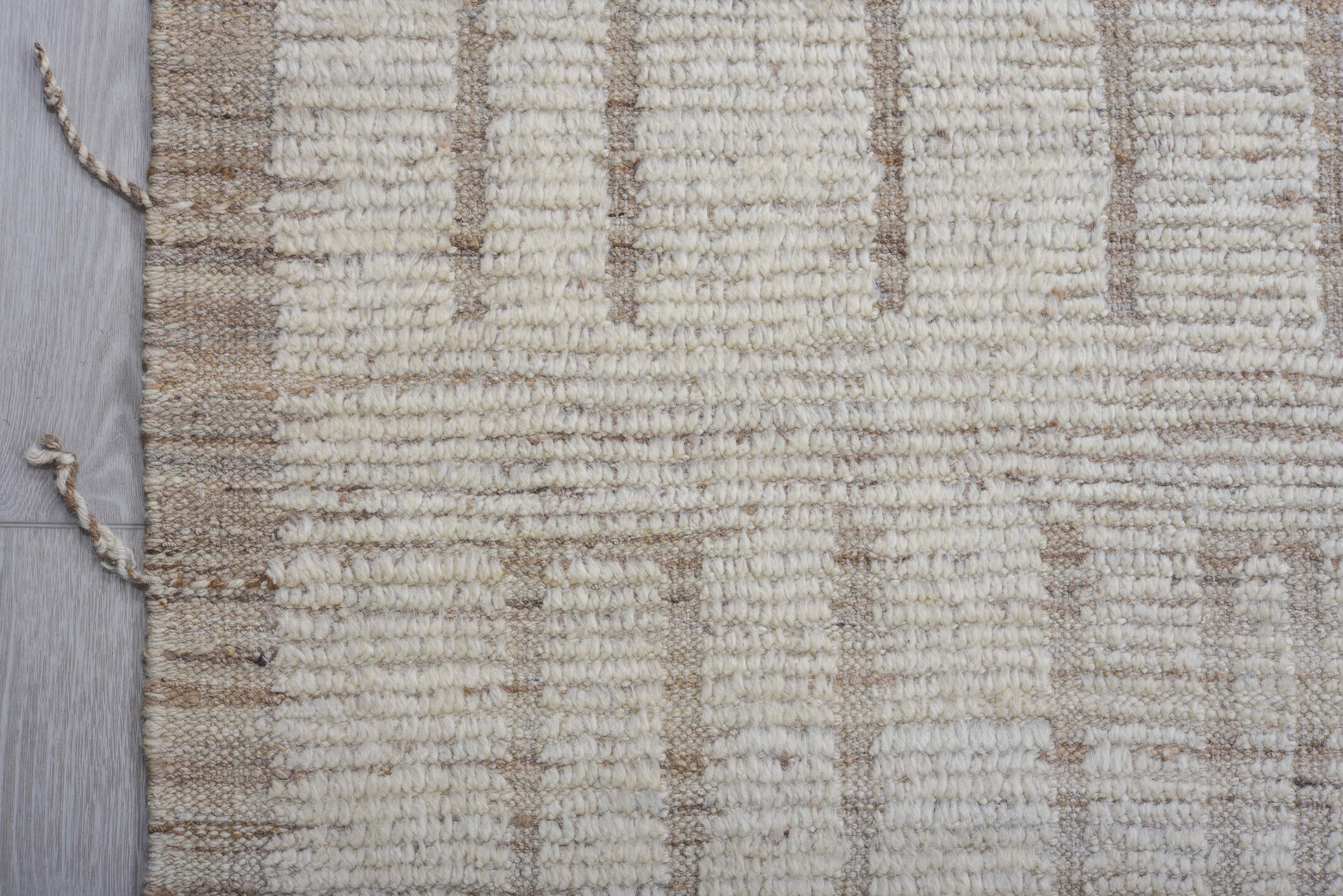 12' x 14' one-of-a-kind handmade vintage Tulu oversize rug. Color palette: ivory, taupe, cream, beige, light brown, gray