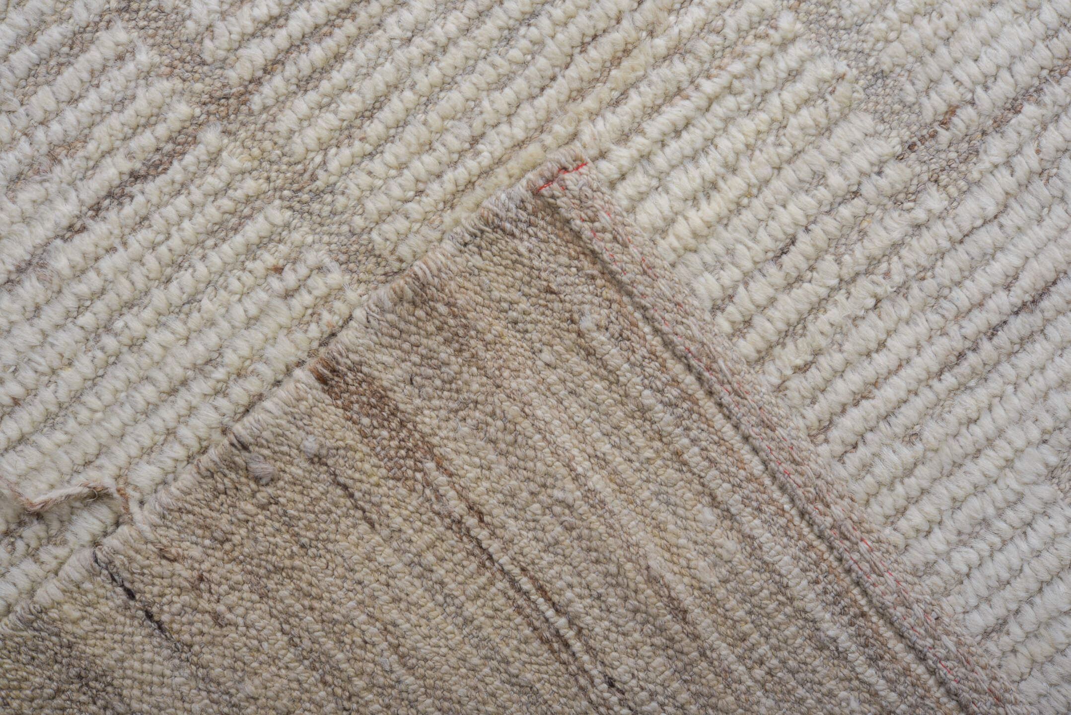 12' x 14' one-of-a-kind handmade vintage Tulu oversize rug. Color palette: ivory, taupe, cream, beige, light brown, gray