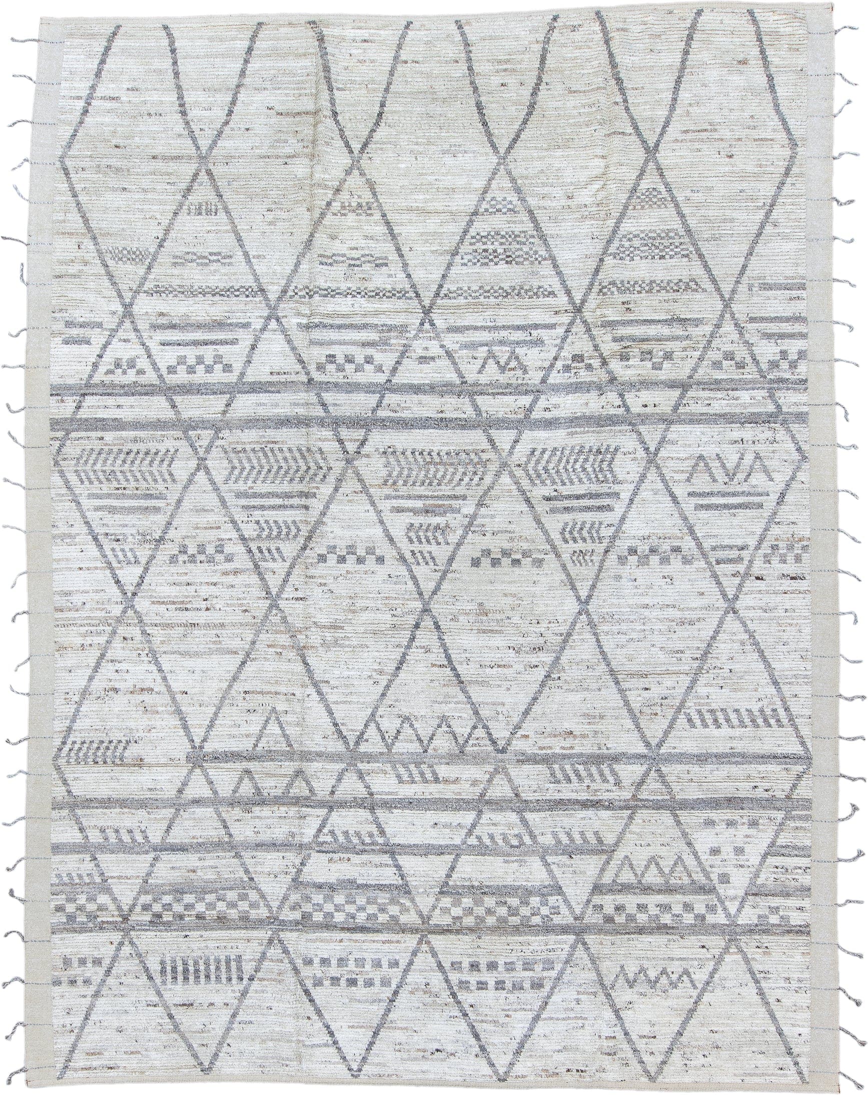 9' x 12' one-of-a-kind handmade vintage Tulu large size rug. Color palette: ivory, gray, taupe, cream, beige
