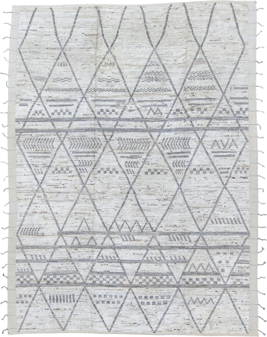 9' x 12' one-of-a-kind handmade vintage Tulu large size rug. Color palette: ivory, gray, taupe, cream, beige