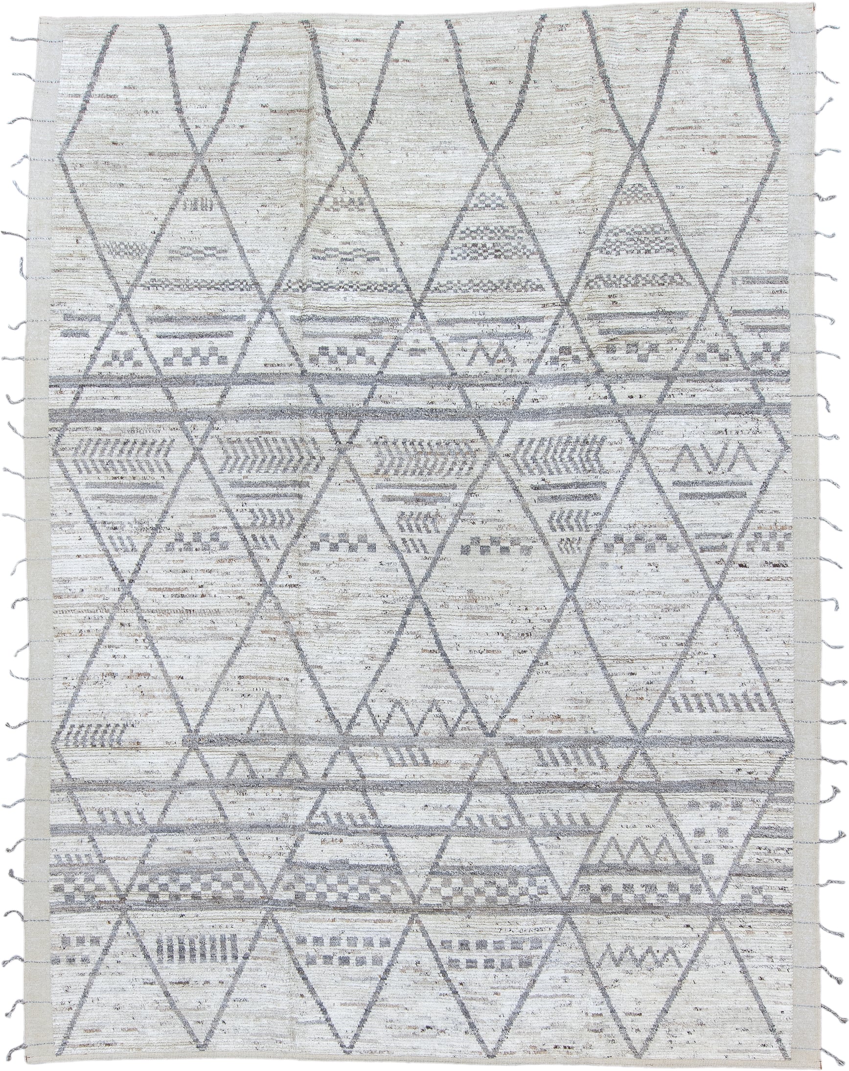 9' x 12' one-of-a-kind handmade vintage Tulu large size rug. Color palette: ivory, gray, taupe, cream, beige