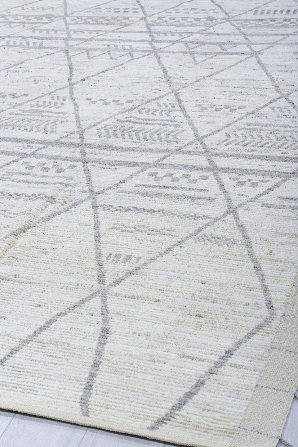 9' x 12' one-of-a-kind handmade vintage Tulu large size rug. Color palette: ivory, gray, taupe, cream, beige