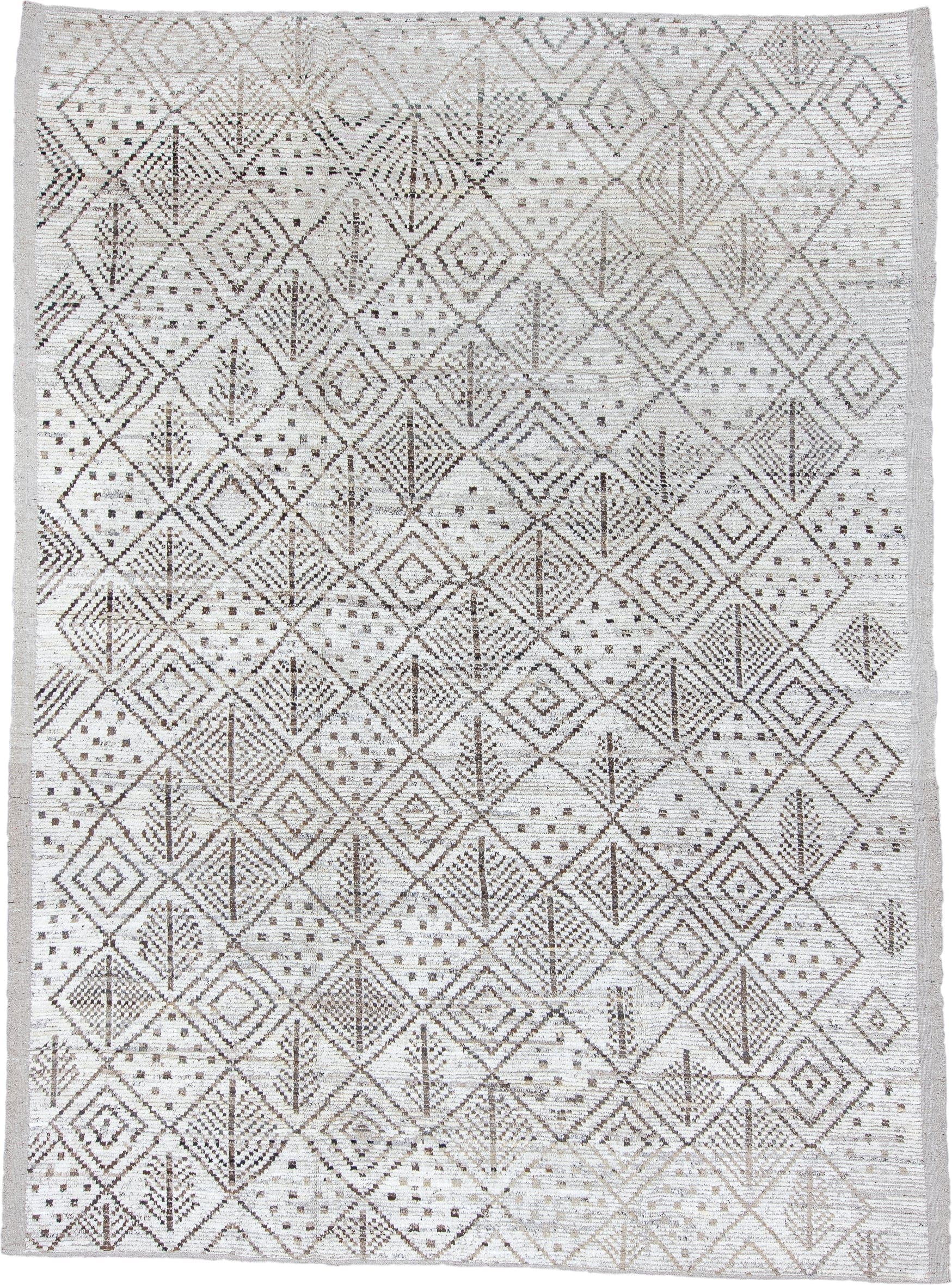 10' x 13' one-of-a-kind handmade vintage Tulu large size rug. Color palette: ivory, taupe, brown, beige, gray