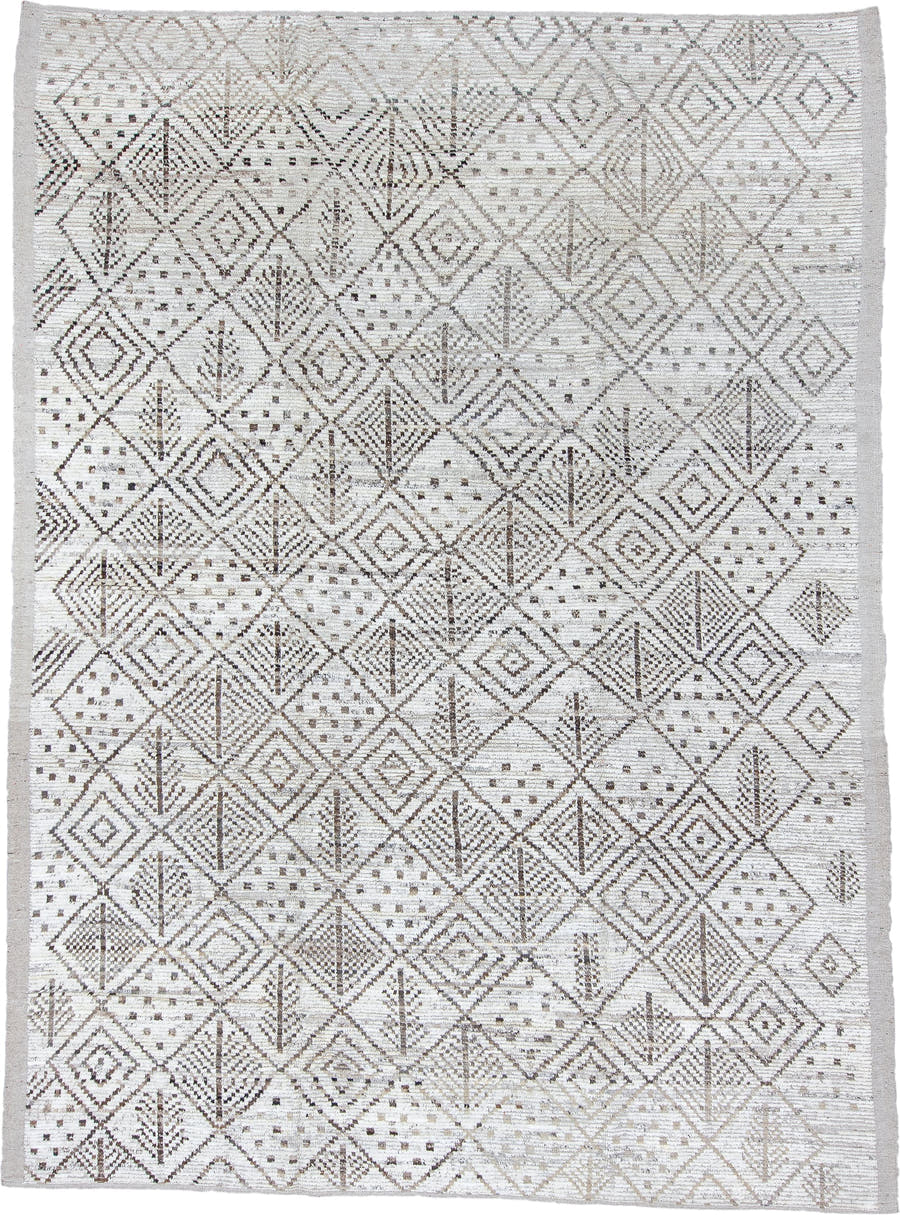 10' x 13' one-of-a-kind handmade vintage Tulu large size rug. Color palette: ivory, taupe, brown, beige, gray