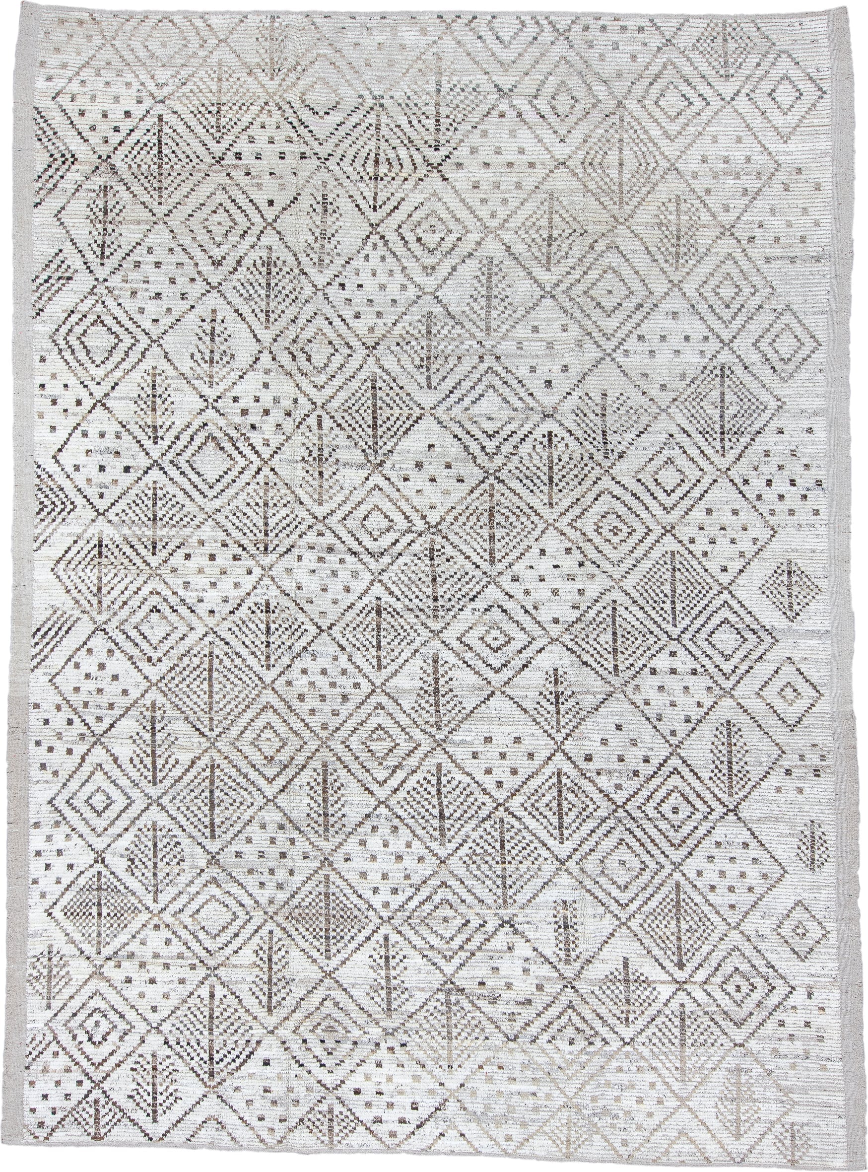 10' x 13' one-of-a-kind handmade vintage Tulu large size rug. Color palette: ivory, taupe, brown, beige, gray