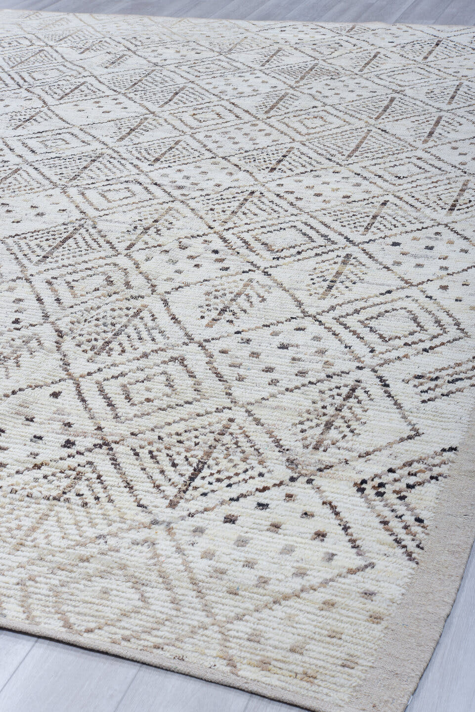 10' x 13' one-of-a-kind handmade vintage Tulu large size rug. Color palette: ivory, taupe, brown, beige, gray