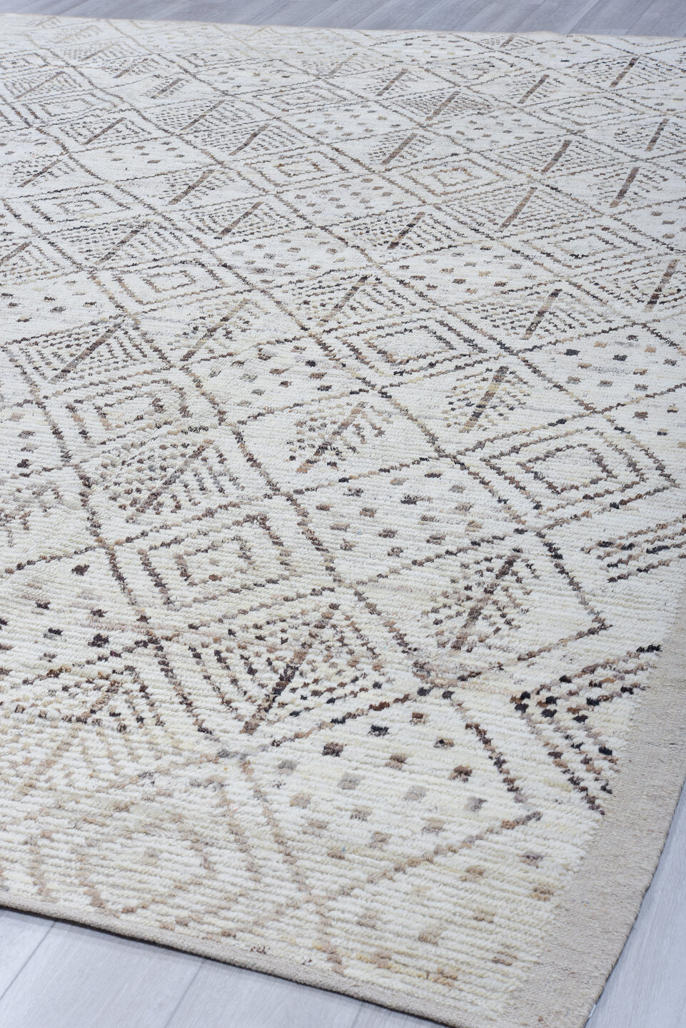 10' x 13' one-of-a-kind handmade vintage Tulu large size rug. Color palette: ivory, taupe, brown, beige, gray