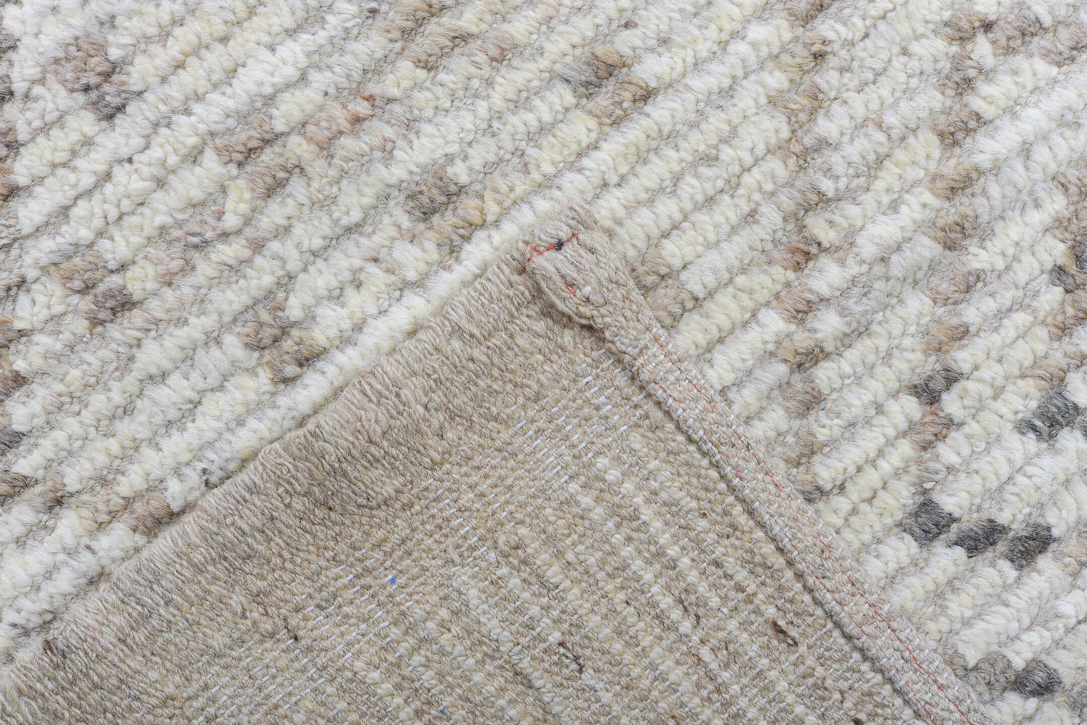 10' x 13' one-of-a-kind handmade vintage Tulu large size rug. Color palette: ivory, taupe, brown, beige, gray
