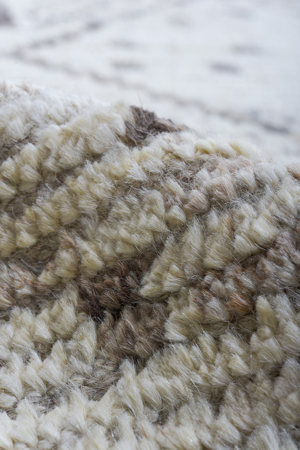 10' x 13' one-of-a-kind handmade vintage Tulu large size rug. Color palette: ivory, taupe, brown, beige, gray