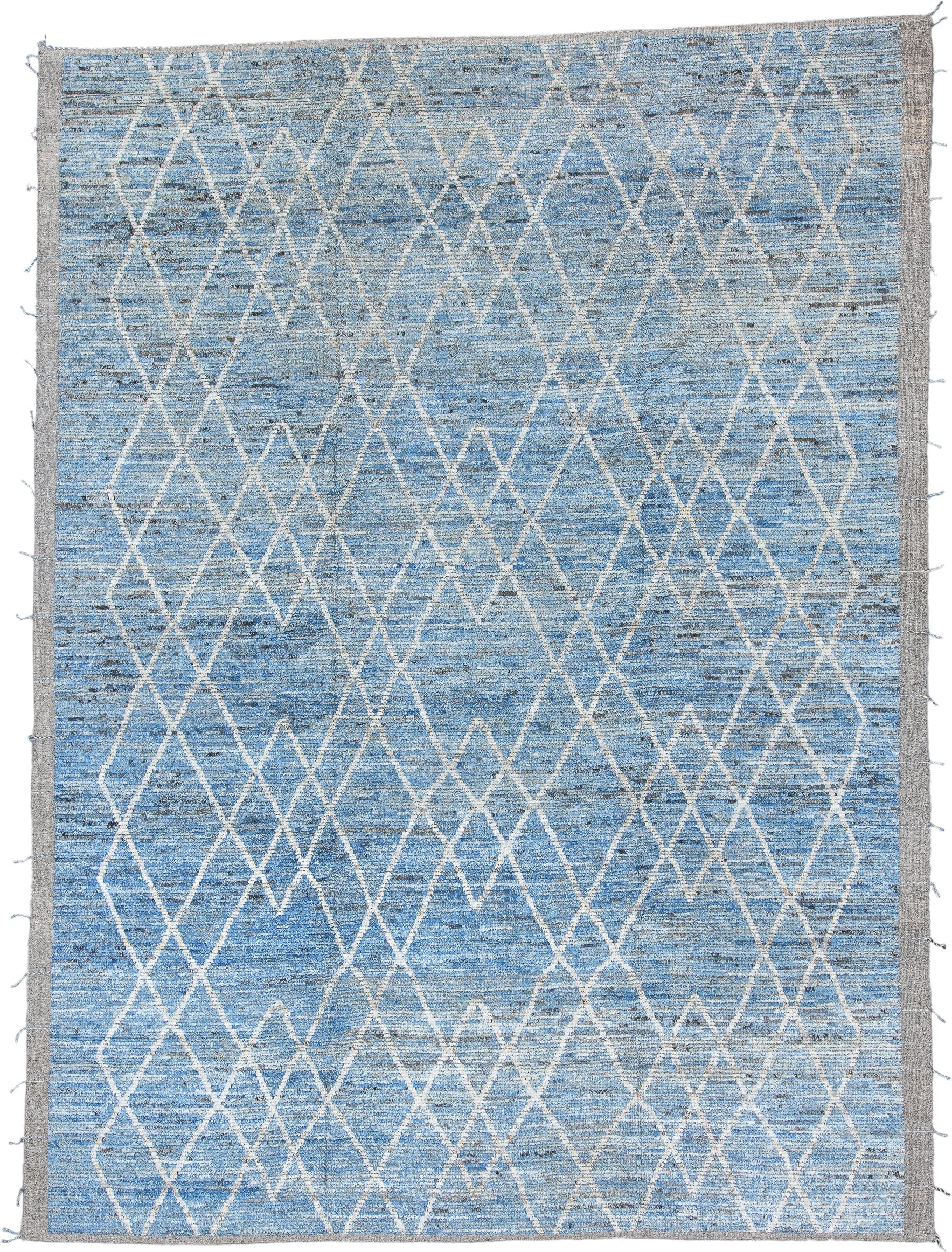 10' x 13' one-of-a-kind handmade vintage Tulu large size rug. Color palette: sky blue, ivory, gray, slate, light blue