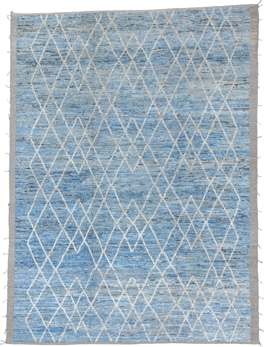 10' x 13' one-of-a-kind handmade vintage Tulu large size rug. Color palette: sky blue, ivory, gray, slate, light blue