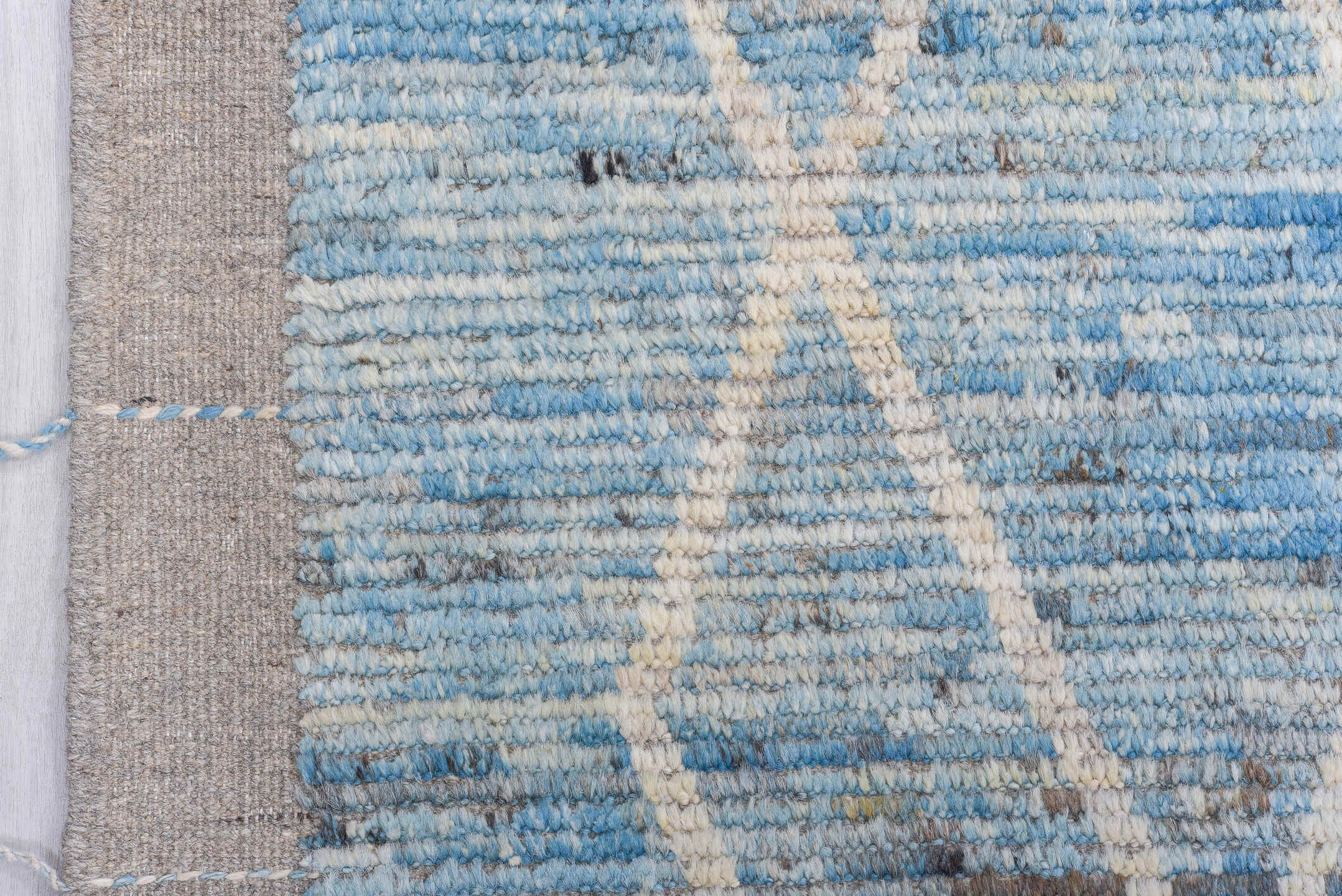 10' x 13' one-of-a-kind handmade vintage Tulu large size rug. Color palette: sky blue, ivory, gray, slate, light blue