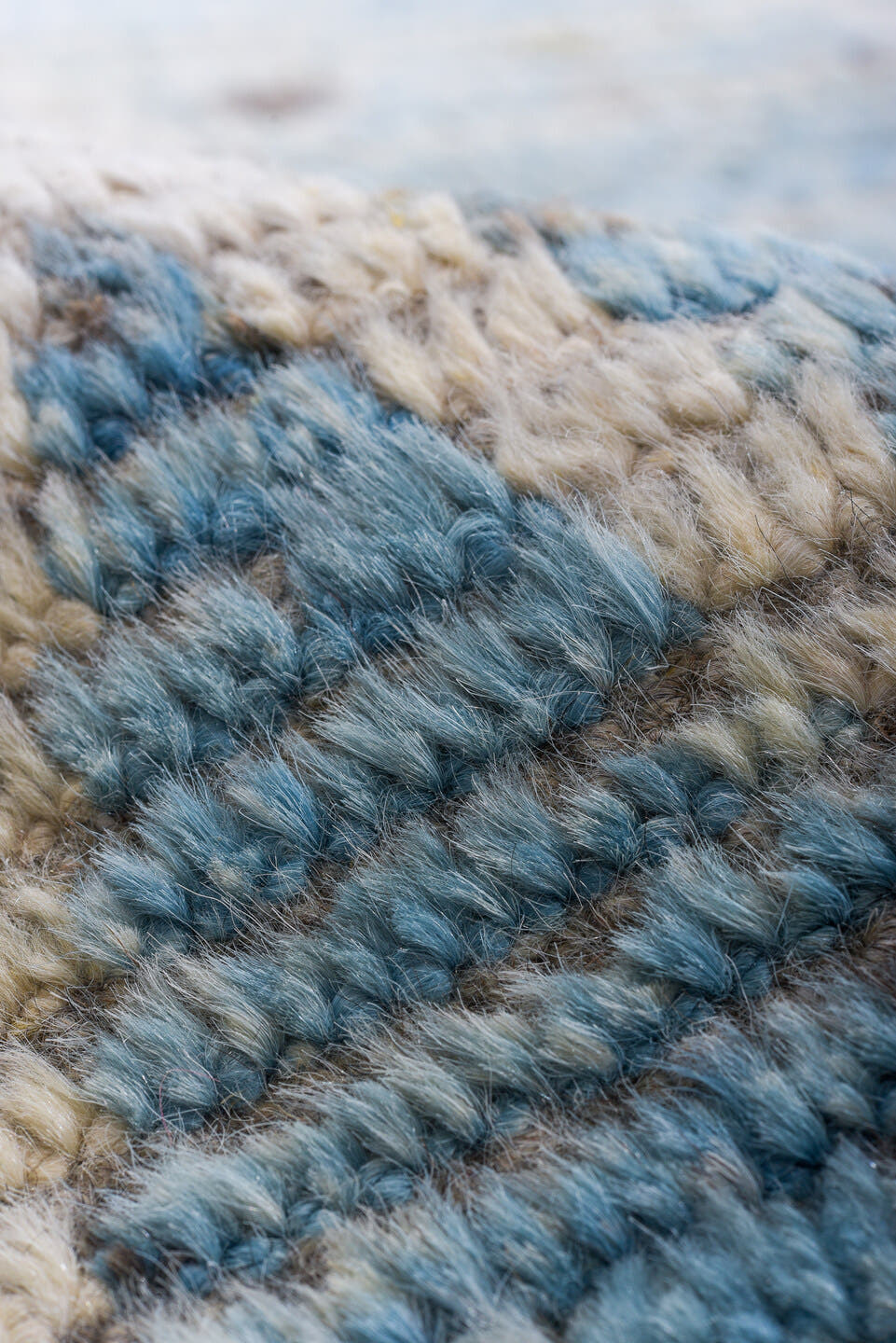 10' x 13' one-of-a-kind handmade vintage Tulu large size rug. Color palette: sky blue, ivory, gray, slate, light blue