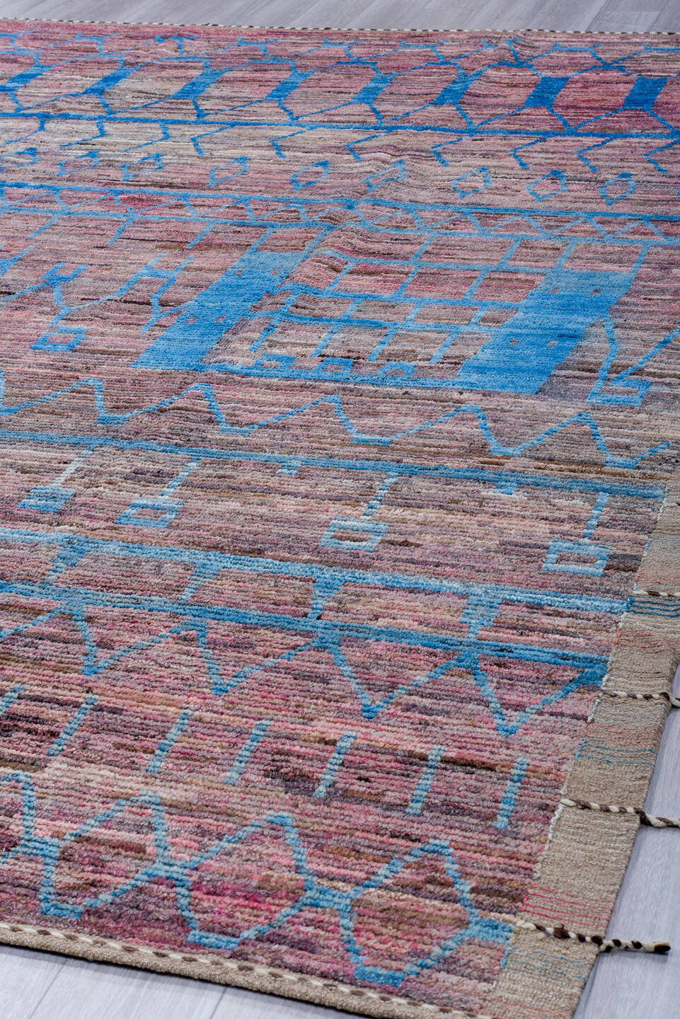 9' x 12' one-of-a-kind handmade vintage Tulu large size rug. Color palette: taupe, sky blue, rose, brown, mauve, charcoal