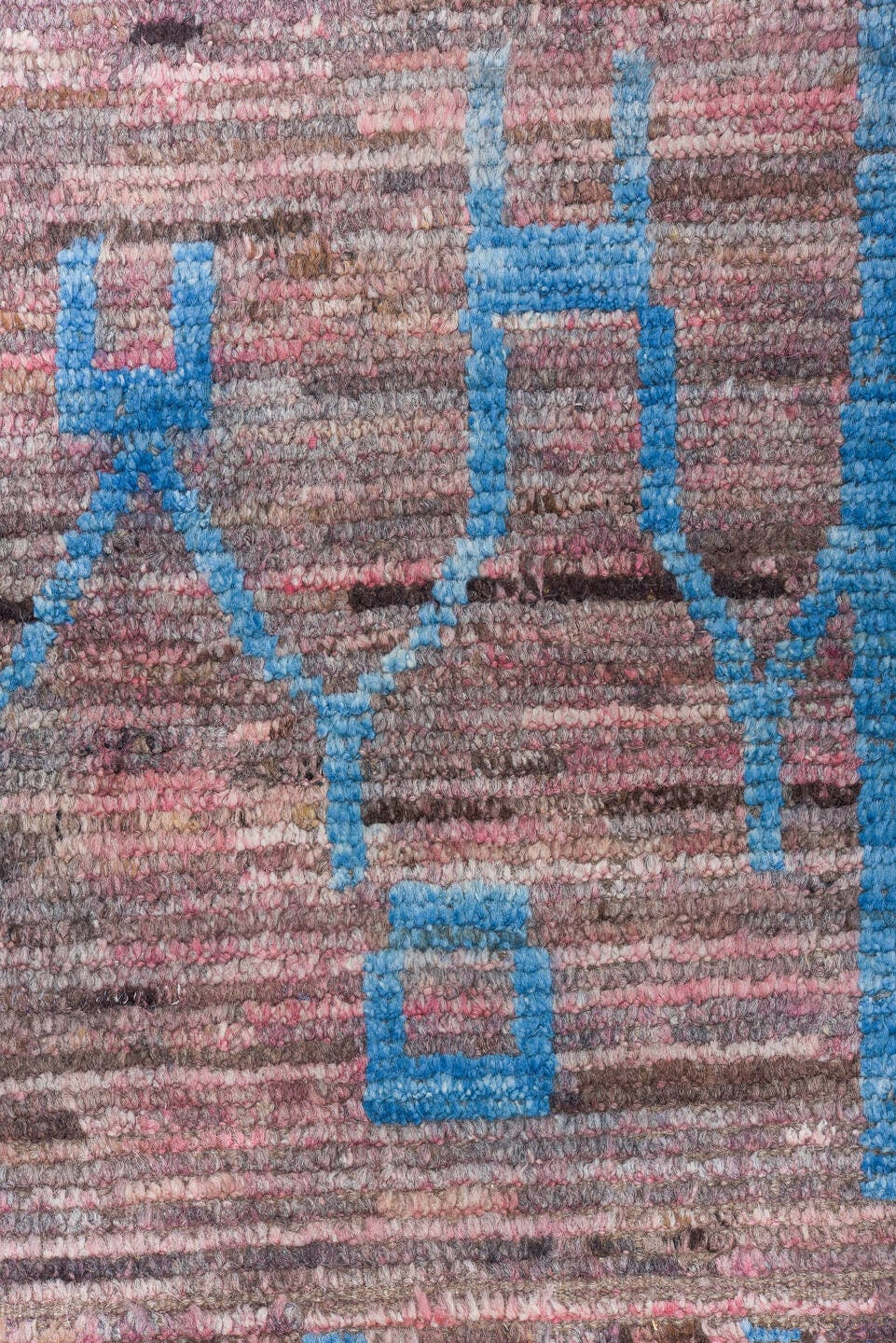 9' x 12' one-of-a-kind handmade vintage Tulu large size rug. Color palette: taupe, sky blue, rose, brown, mauve, charcoal