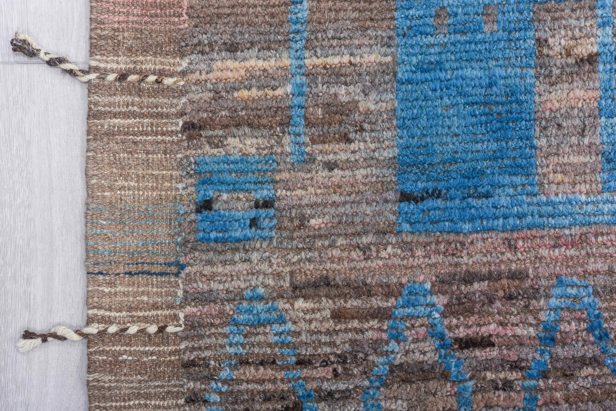 9' x 12' one-of-a-kind handmade vintage Tulu large size rug. Color palette: taupe, sky blue, rose, brown, mauve, charcoal