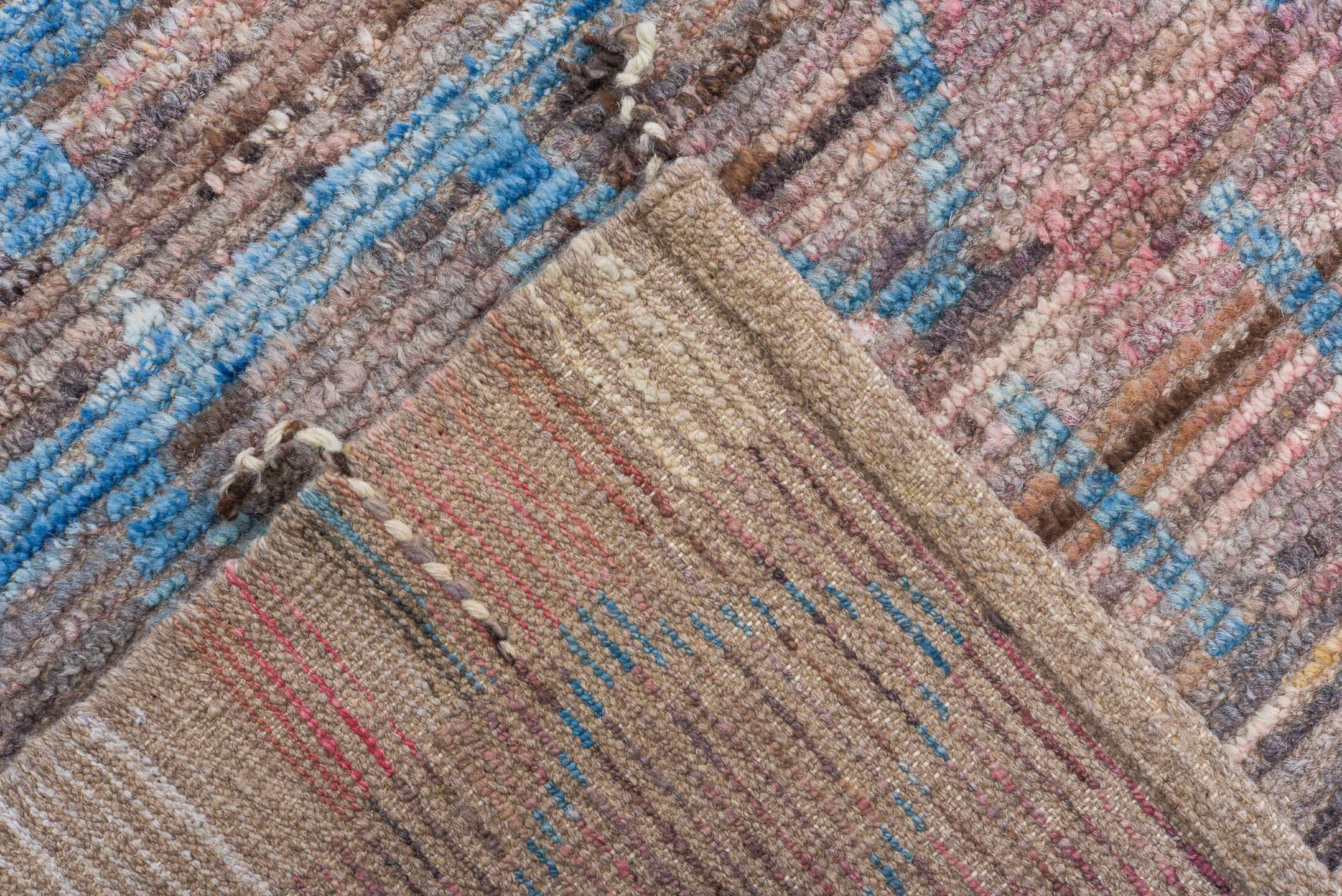 9' x 12' one-of-a-kind handmade vintage Tulu large size rug. Color palette: taupe, sky blue, rose, brown, mauve, charcoal