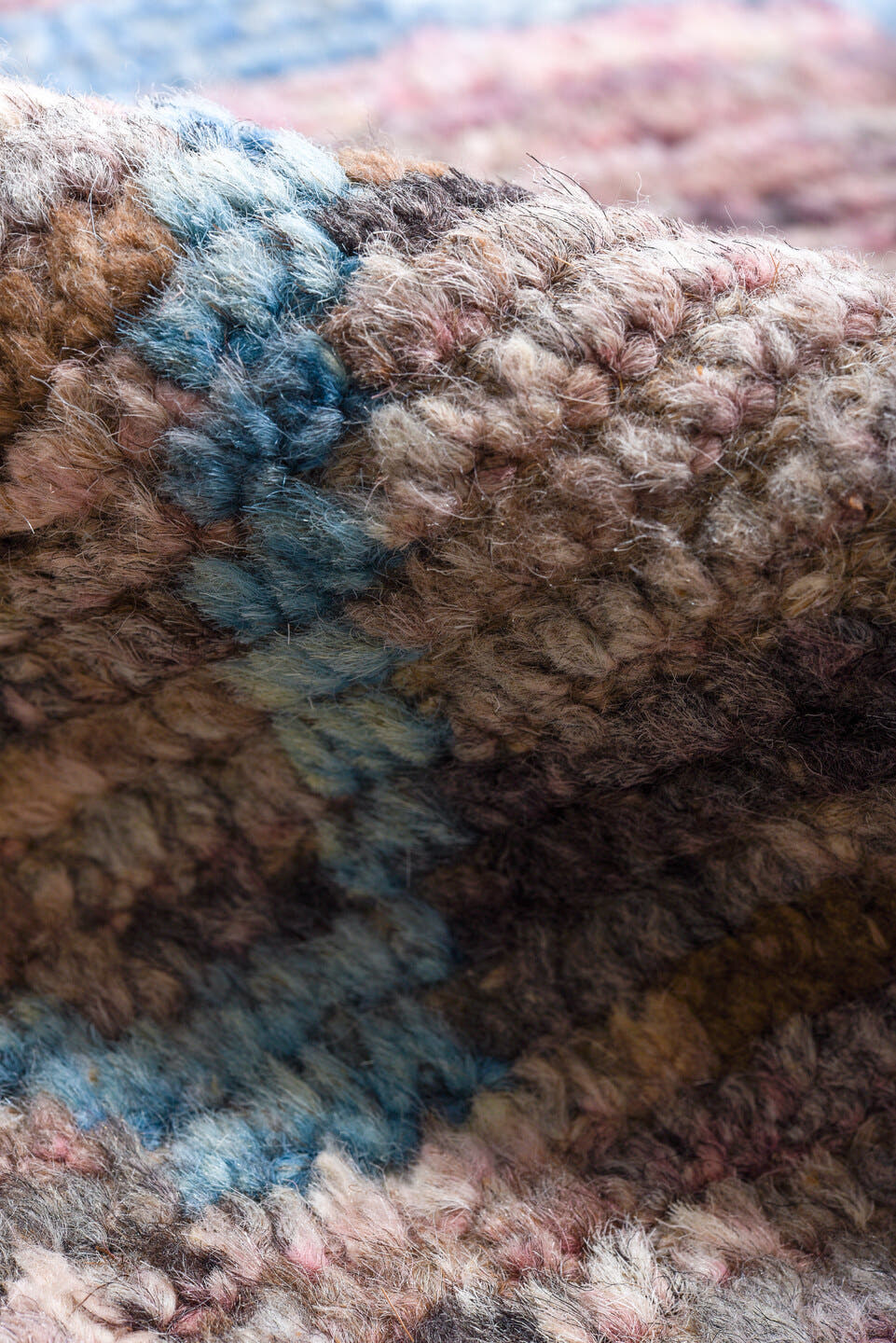 9' x 12' one-of-a-kind handmade vintage Tulu large size rug. Color palette: taupe, sky blue, rose, brown, mauve, charcoal