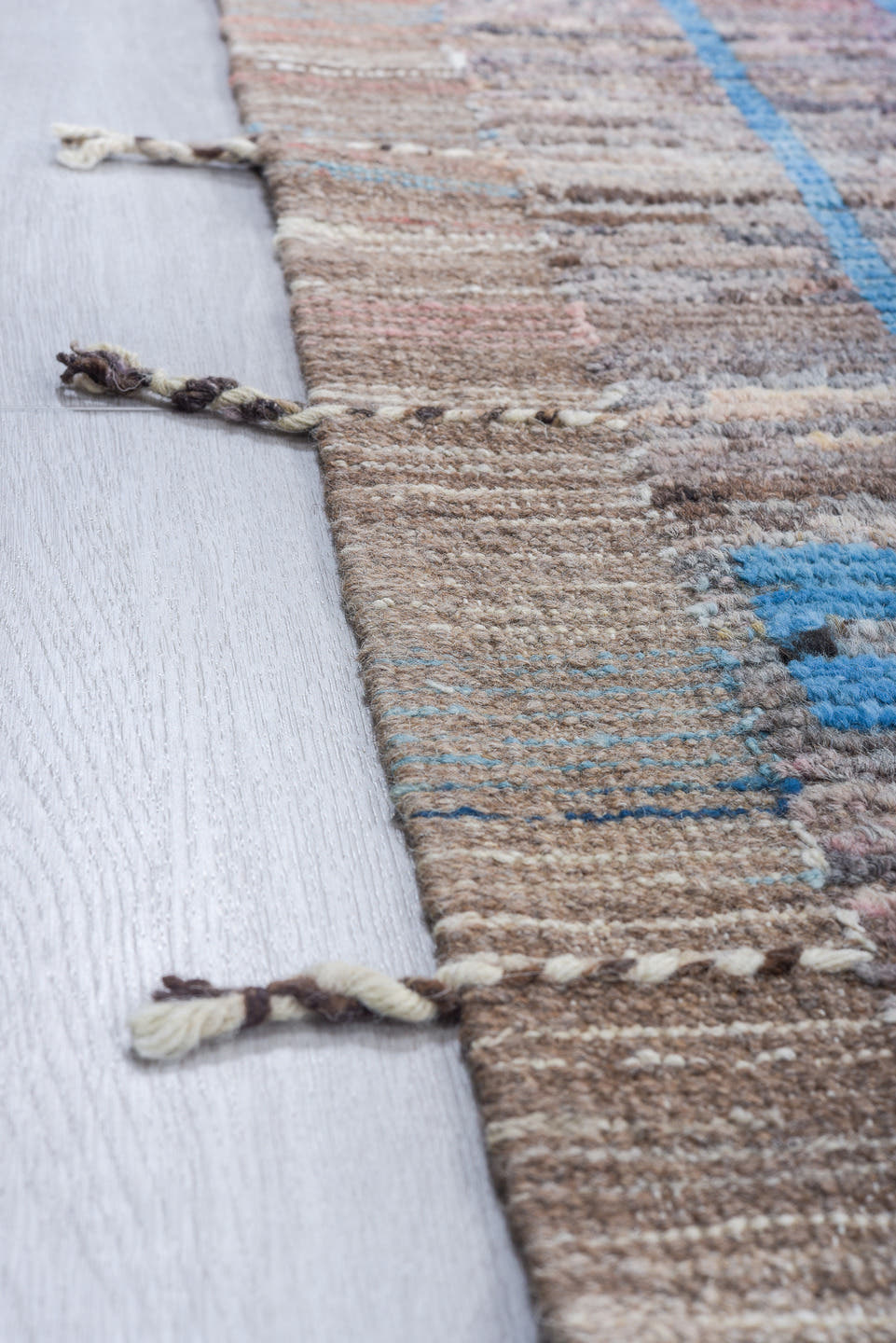 9' x 12' one-of-a-kind handmade vintage Tulu large size rug. Color palette: taupe, sky blue, rose, brown, mauve, charcoal